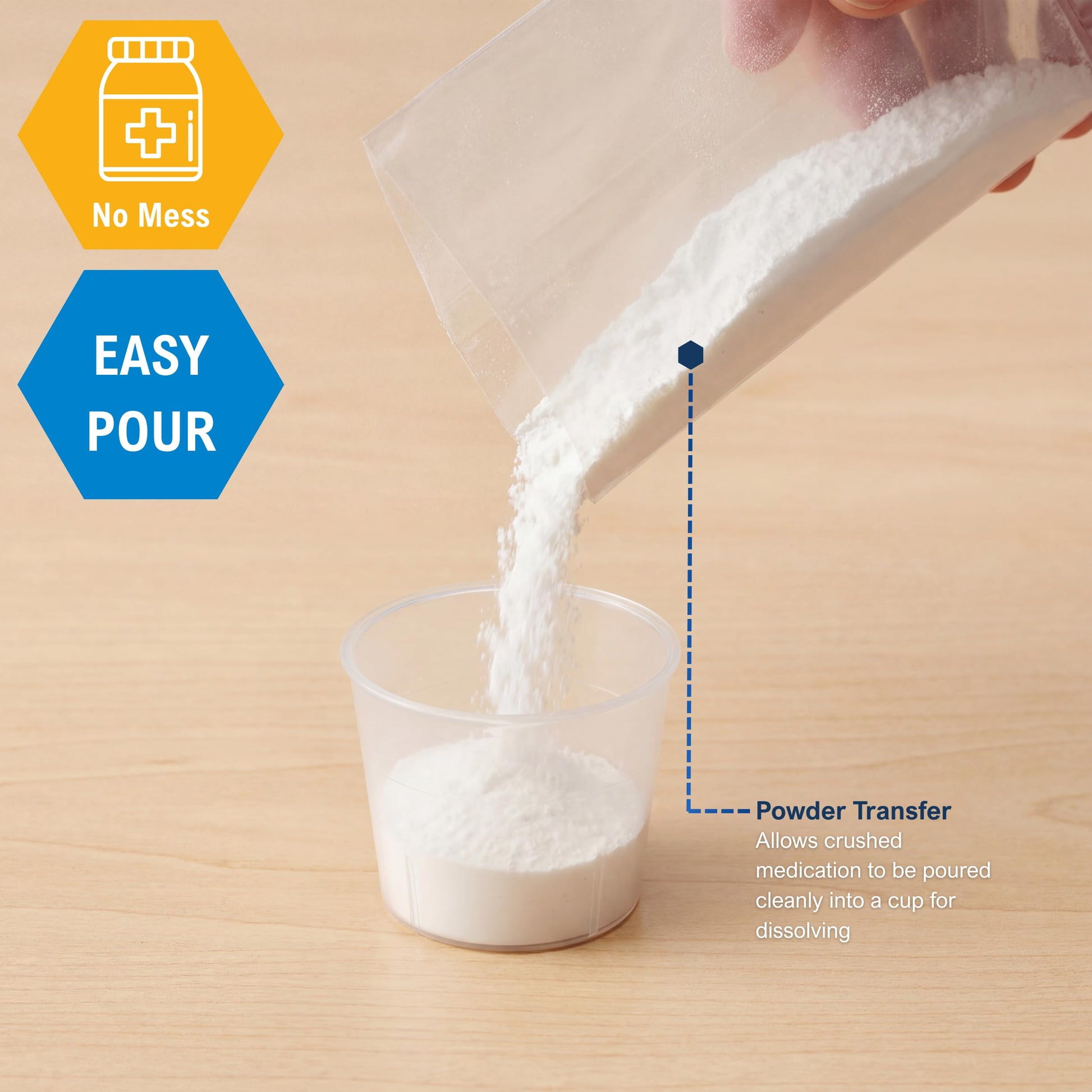 Zero waste clear medication bags compatible with manual pill crushing machines