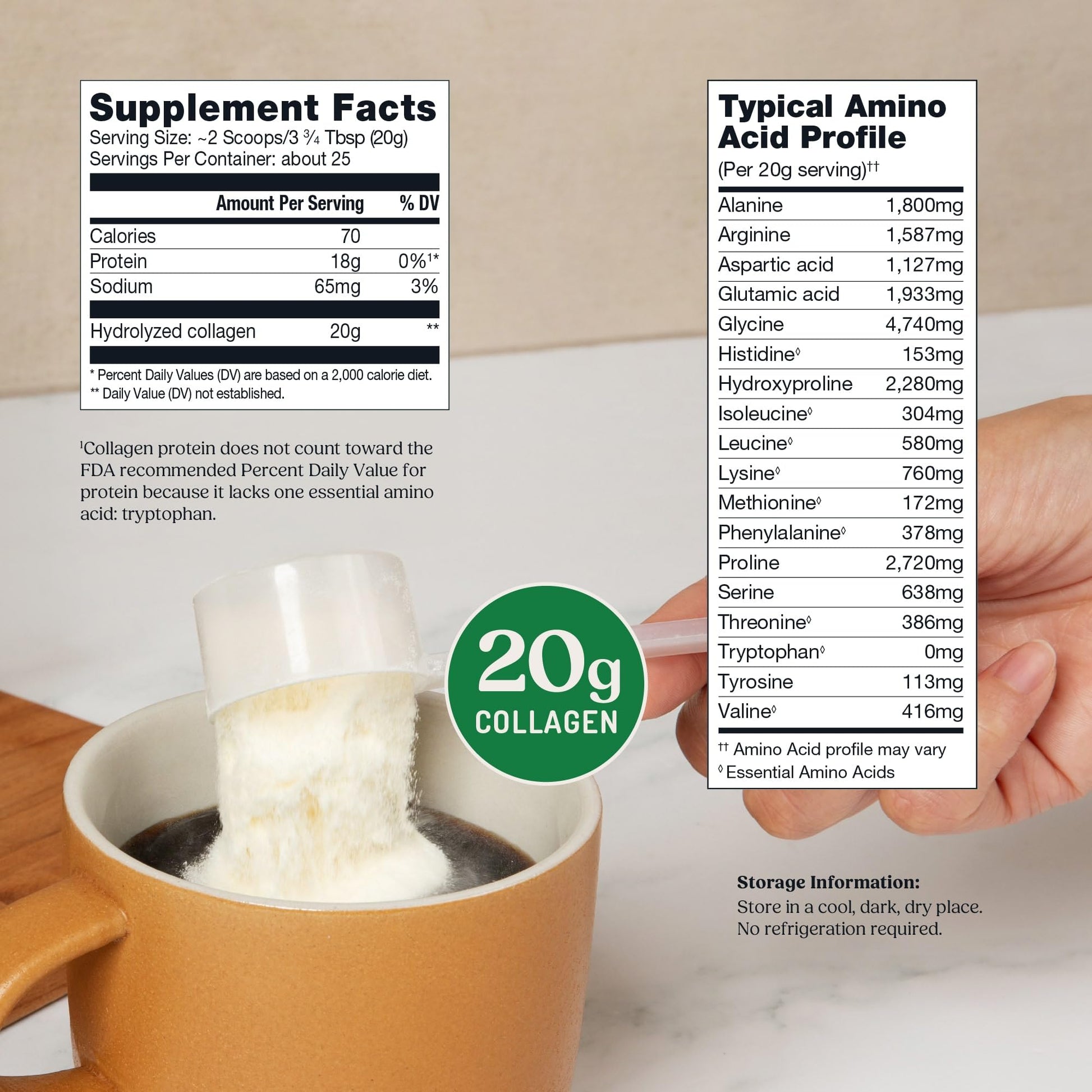 Bulletproof unflavored collagen protein powder packaging highlighting 20 grams of grass-fed collagen.
