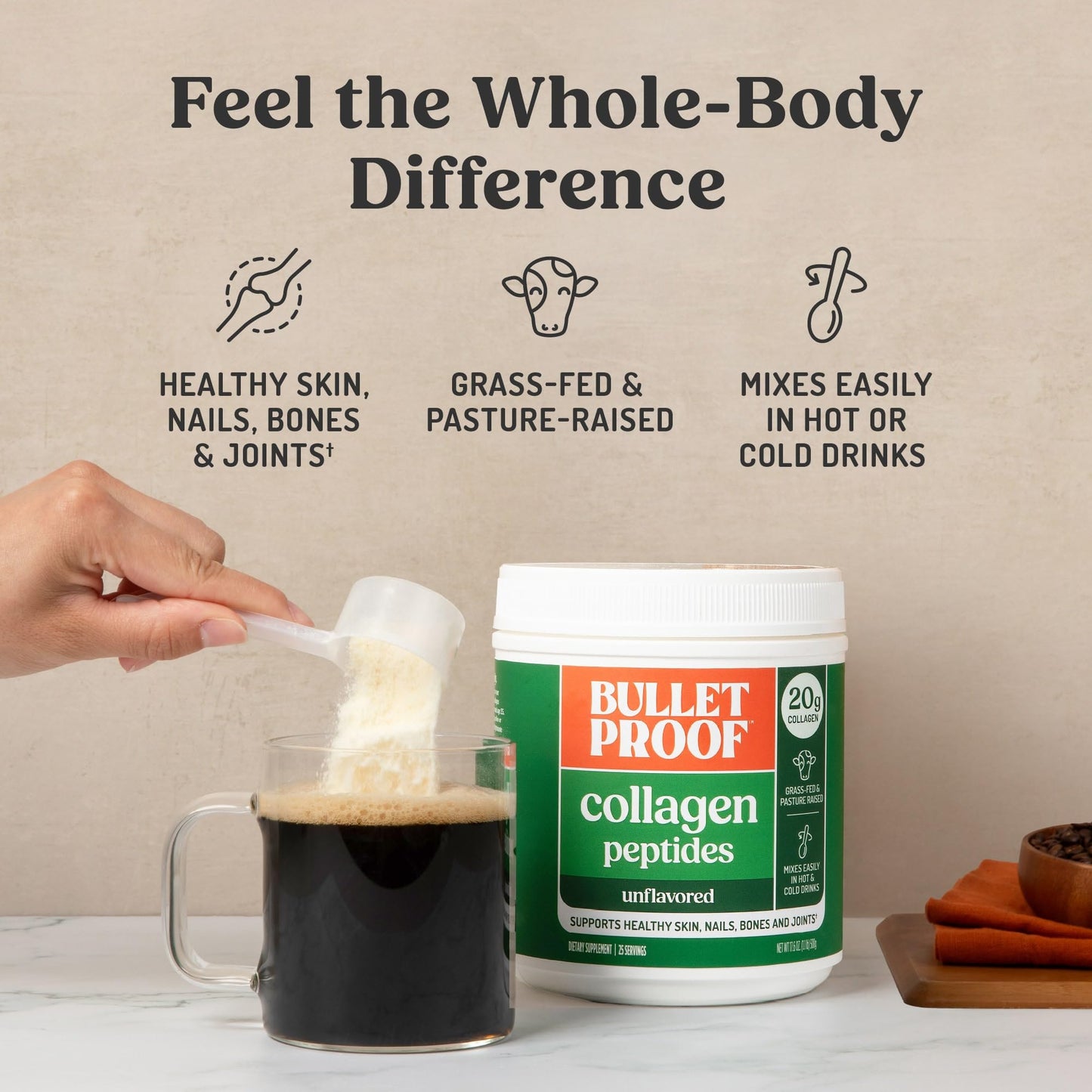 Nutritional facts and pure ingredients label on the back of Bulletproof collagen peptides powder.