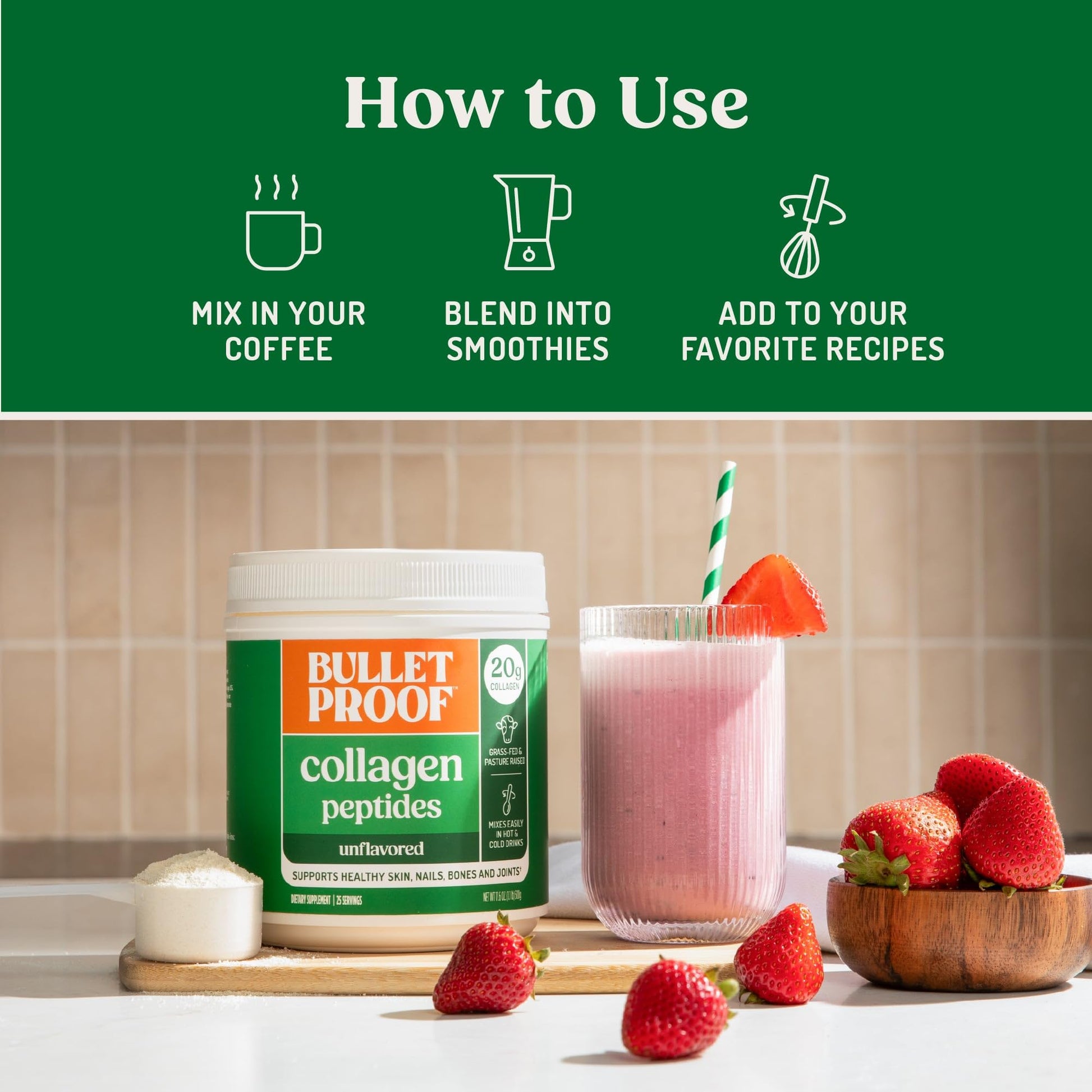 Keto and paleo friendly certifications displayed on the Bulletproof collagen peptides container.
