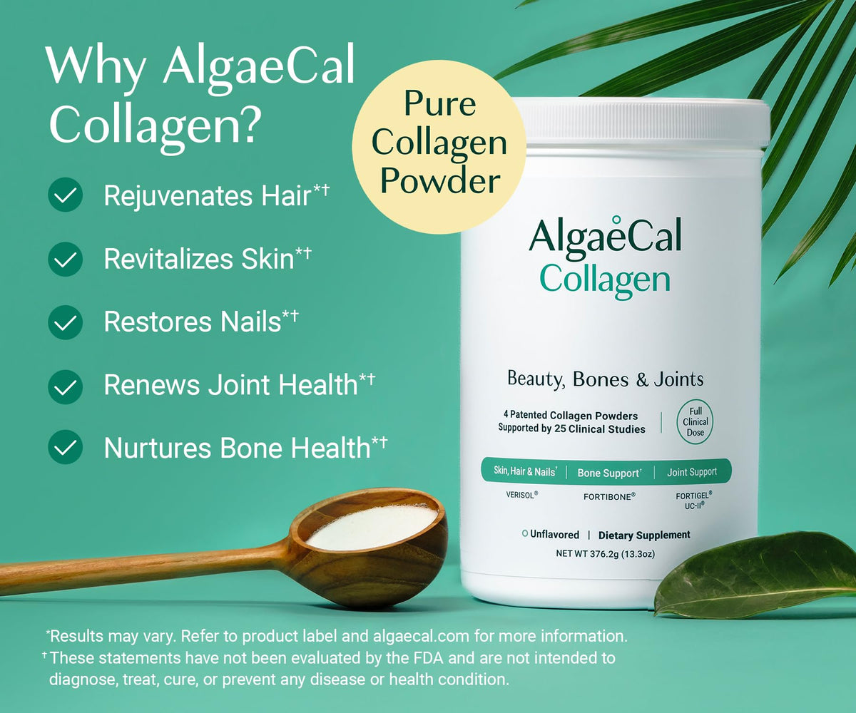 AlgaeCal Multi Collagen Peptides unflavored dietary supplement tub displaying Fortibone and Verisol ingredient labels