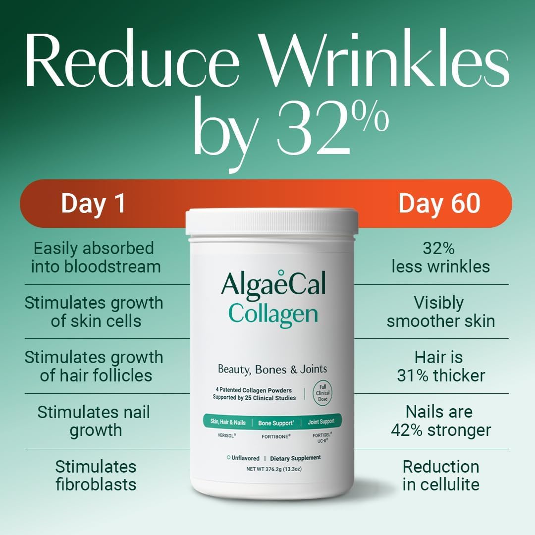 AlgaeCal bone and beauty multi collagen formula container highlighting skin elasticity and joint health benefits