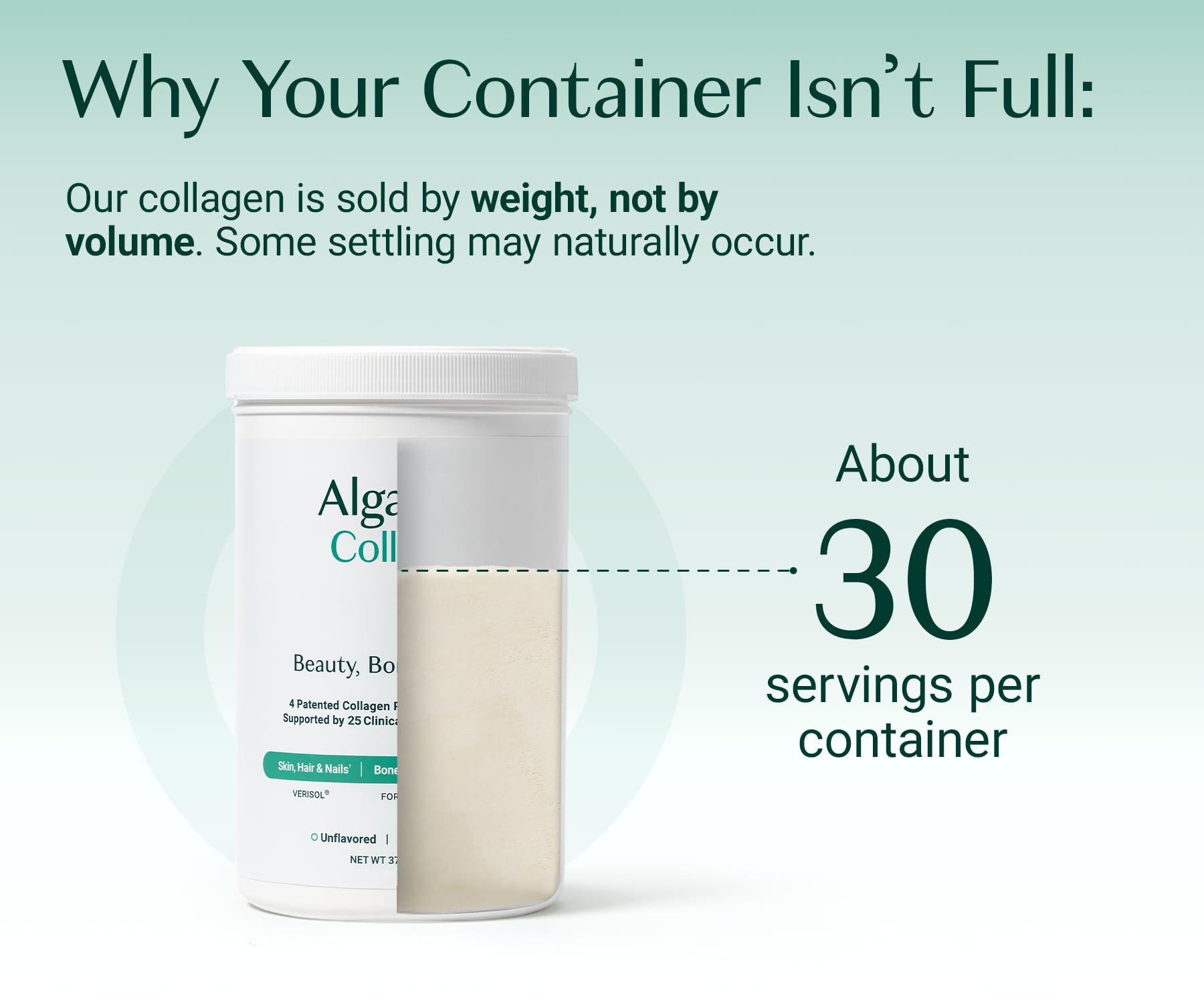 Close up of AlgaeCal unflavored collagen peptide powder tub lid with clear safety seal intact