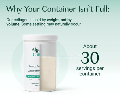 Close up of AlgaeCal unflavored collagen peptide powder tub lid with clear safety seal intact