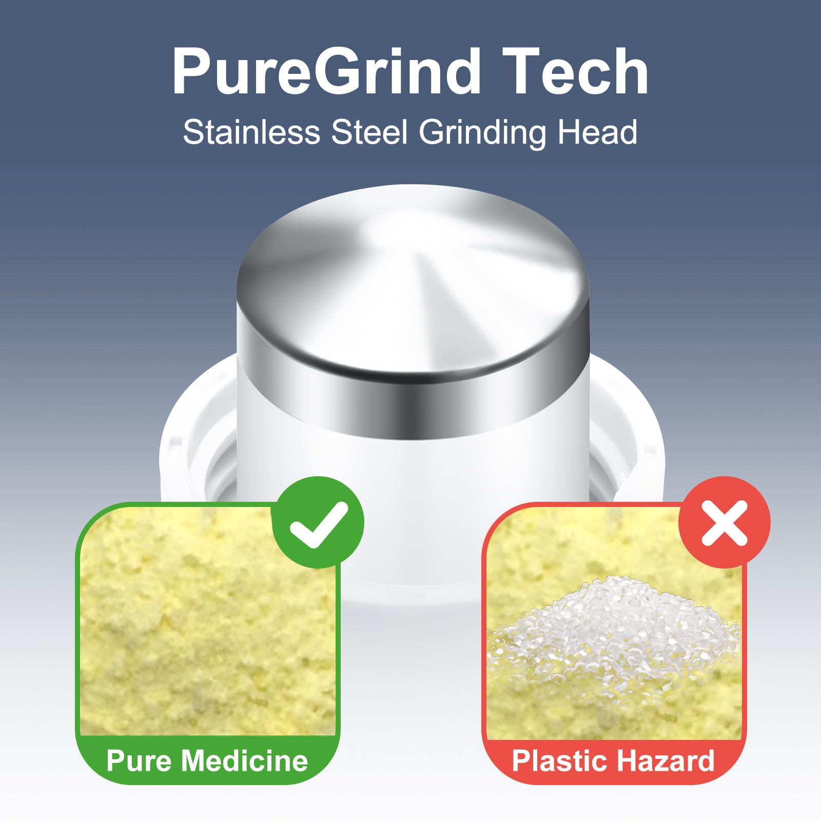Fullicon manual tablet grinder showing stainless steel grinding head mechanism