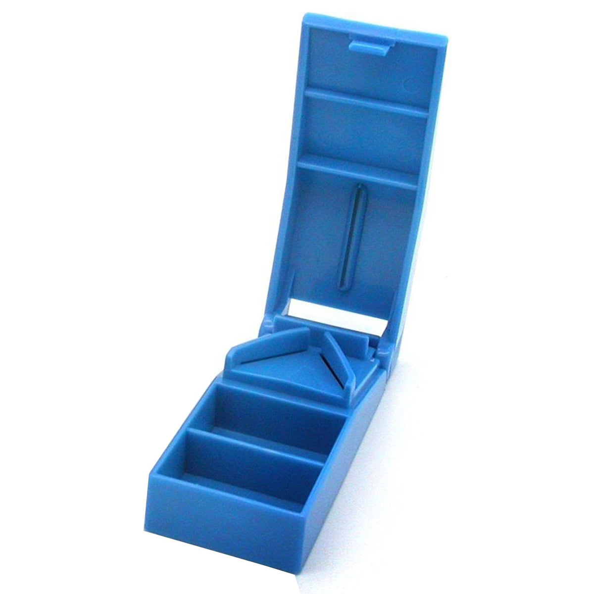 Side view of the blue Acu-Life pill splitter showing the compact portable design.