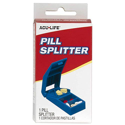 Acu-Life tablet cutter showing the built-in storage compartments for divided pills.
