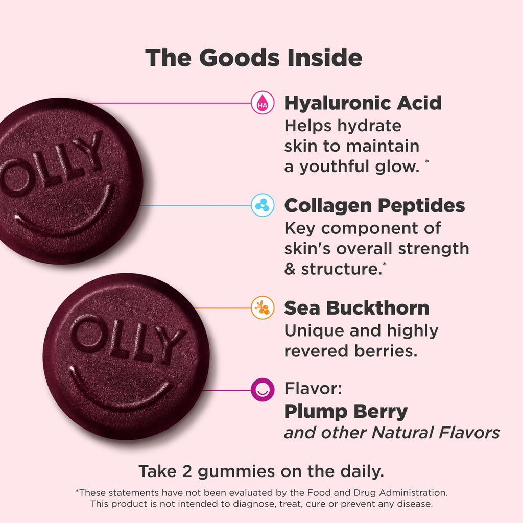OLLY skin hydration beauty gummies packaging highlighting hyaluronic acid and collagen peptides