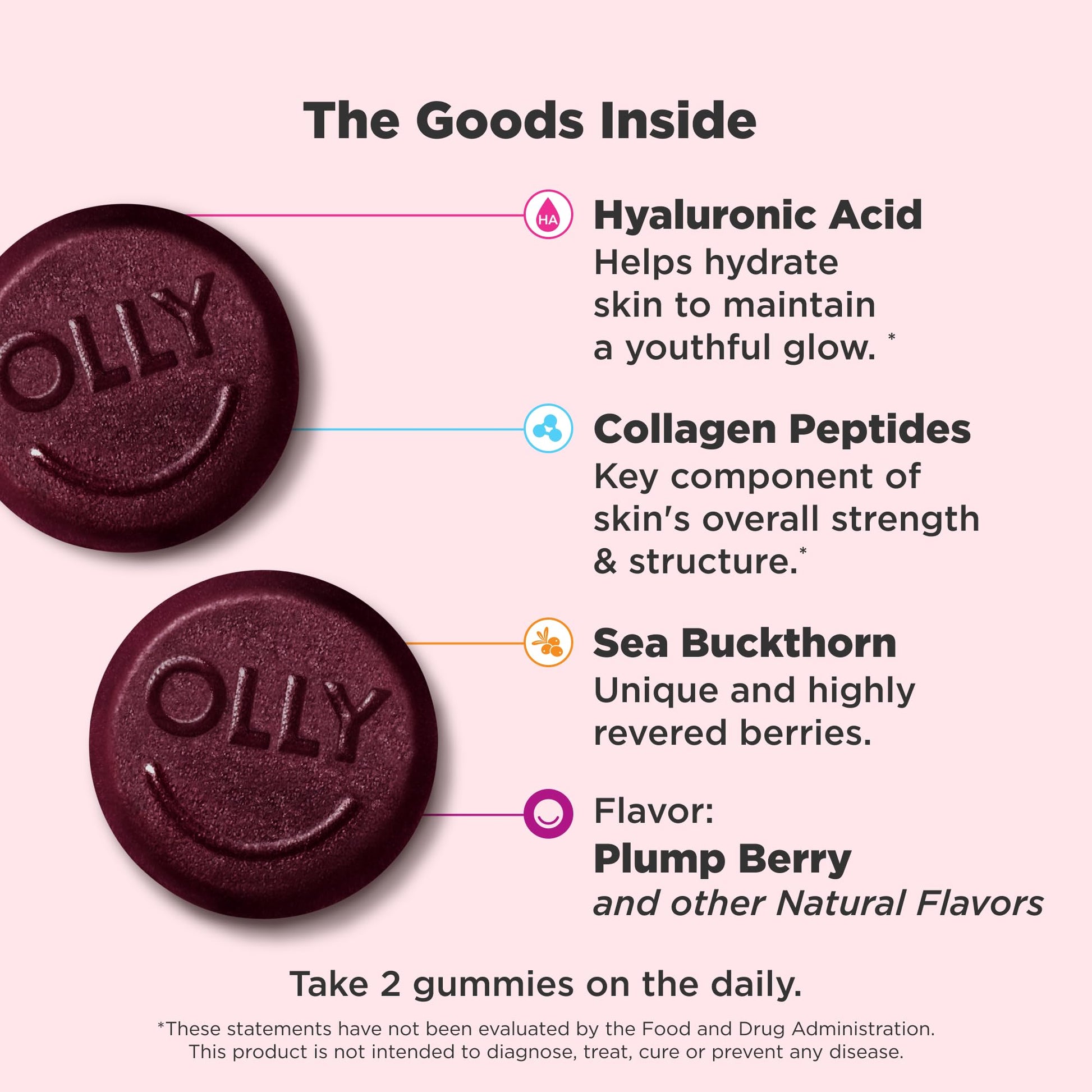 OLLY skin hydration beauty gummies packaging highlighting hyaluronic acid and collagen peptides