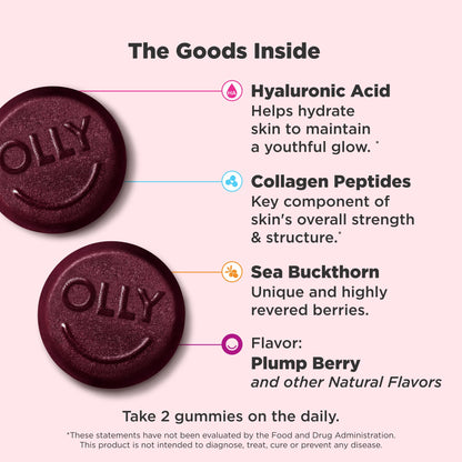 OLLY skin hydration beauty gummies packaging highlighting hyaluronic acid and collagen peptides