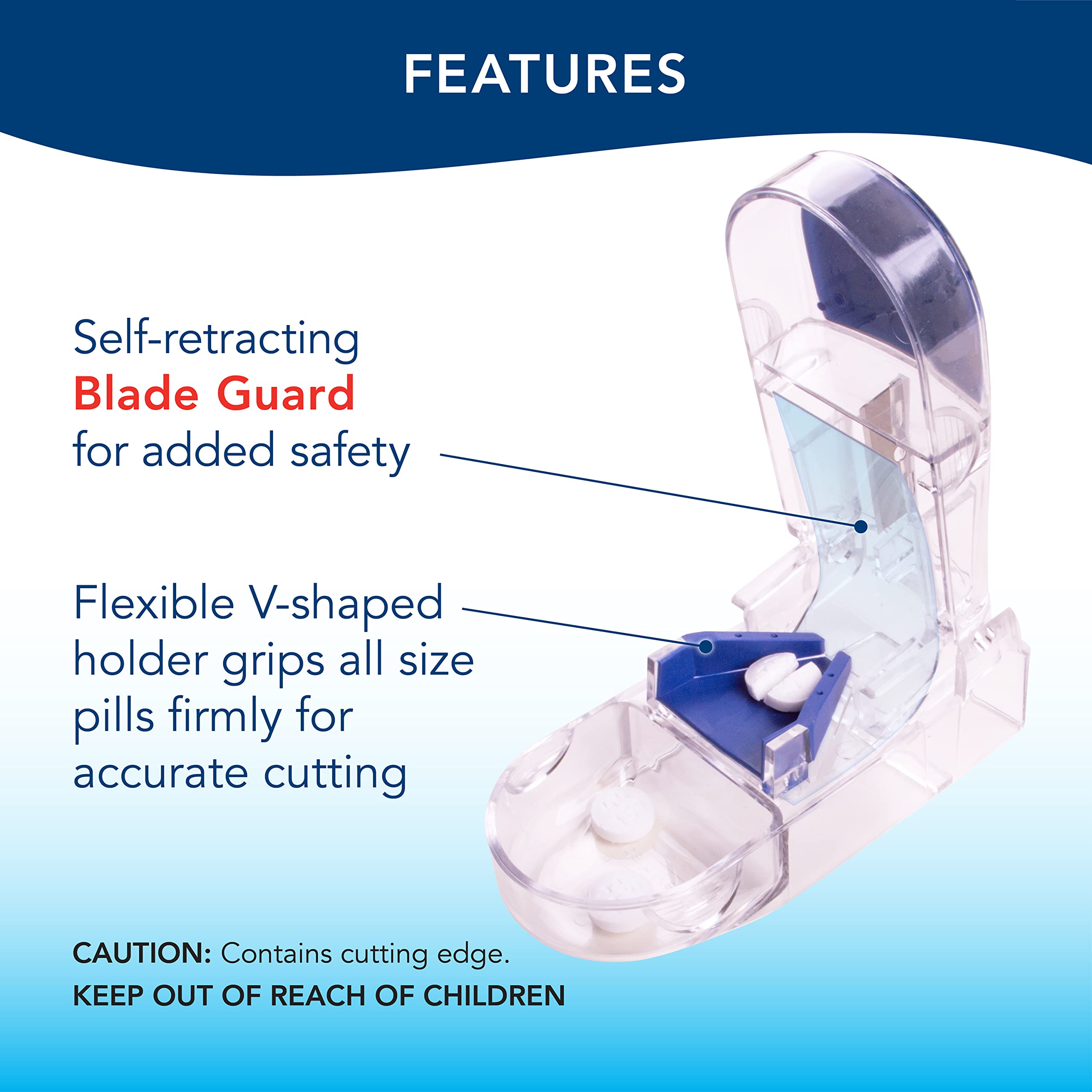 Apex medical pill splitter open showing the flexible V-shape tablet holder mechanism.