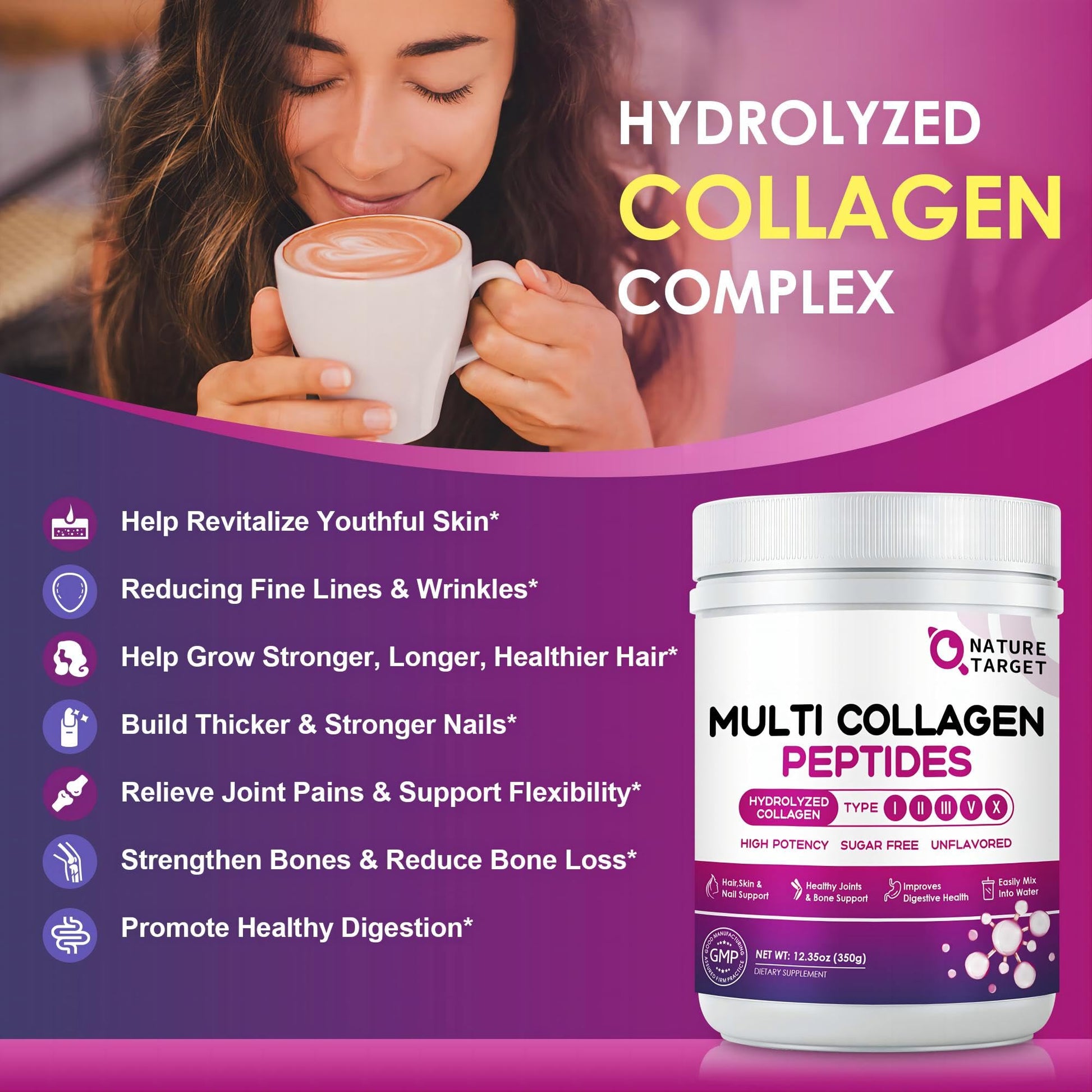 Nature Target Multi Collagen with Vitamin C and Hyaluronic Acid packaging emphasizing joint and skin benefits.