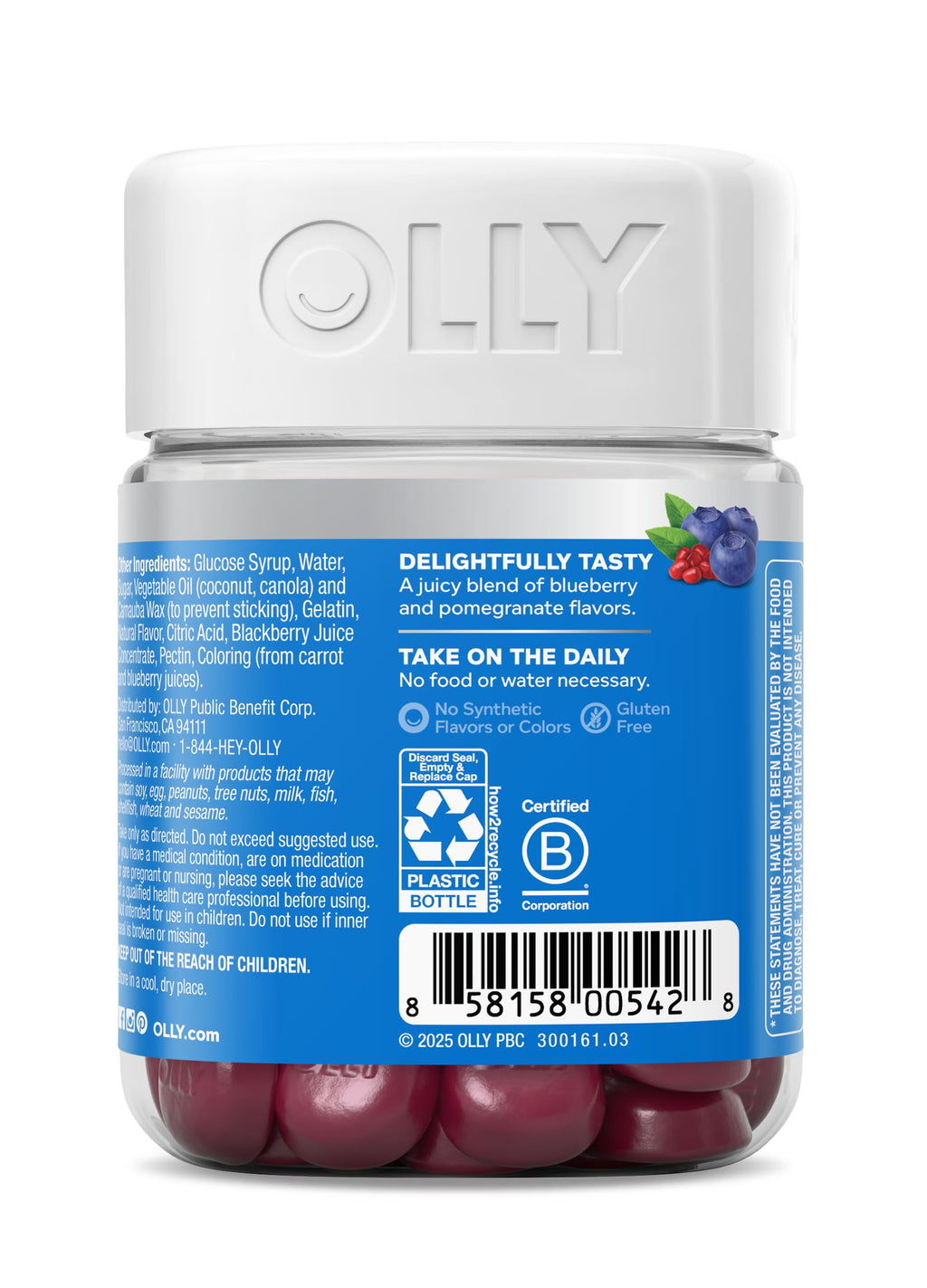 Authentic OLLY plump berry wellness gummies displayed on a clean modern surface