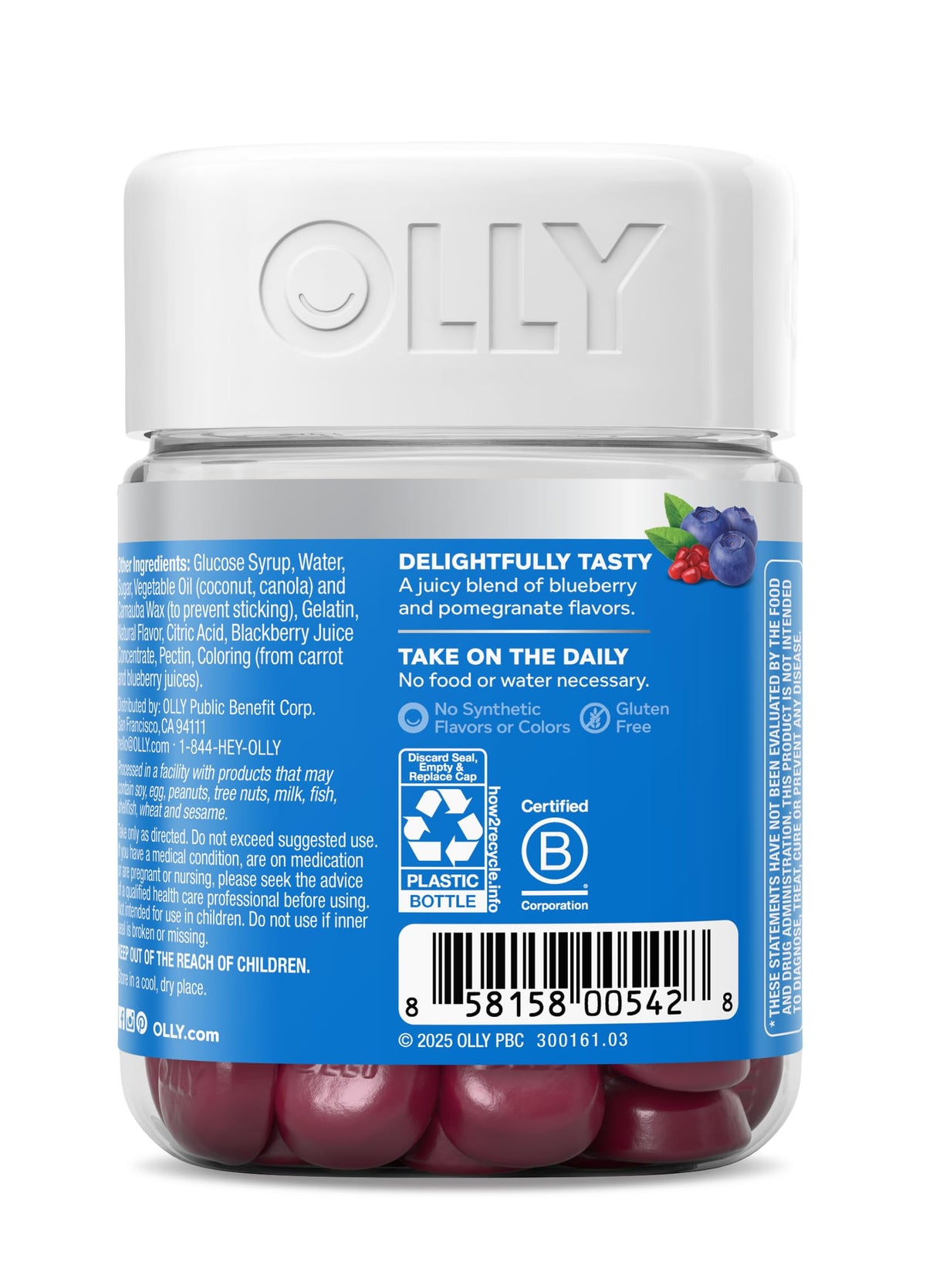 Authentic OLLY plump berry wellness gummies displayed on a clean modern surface