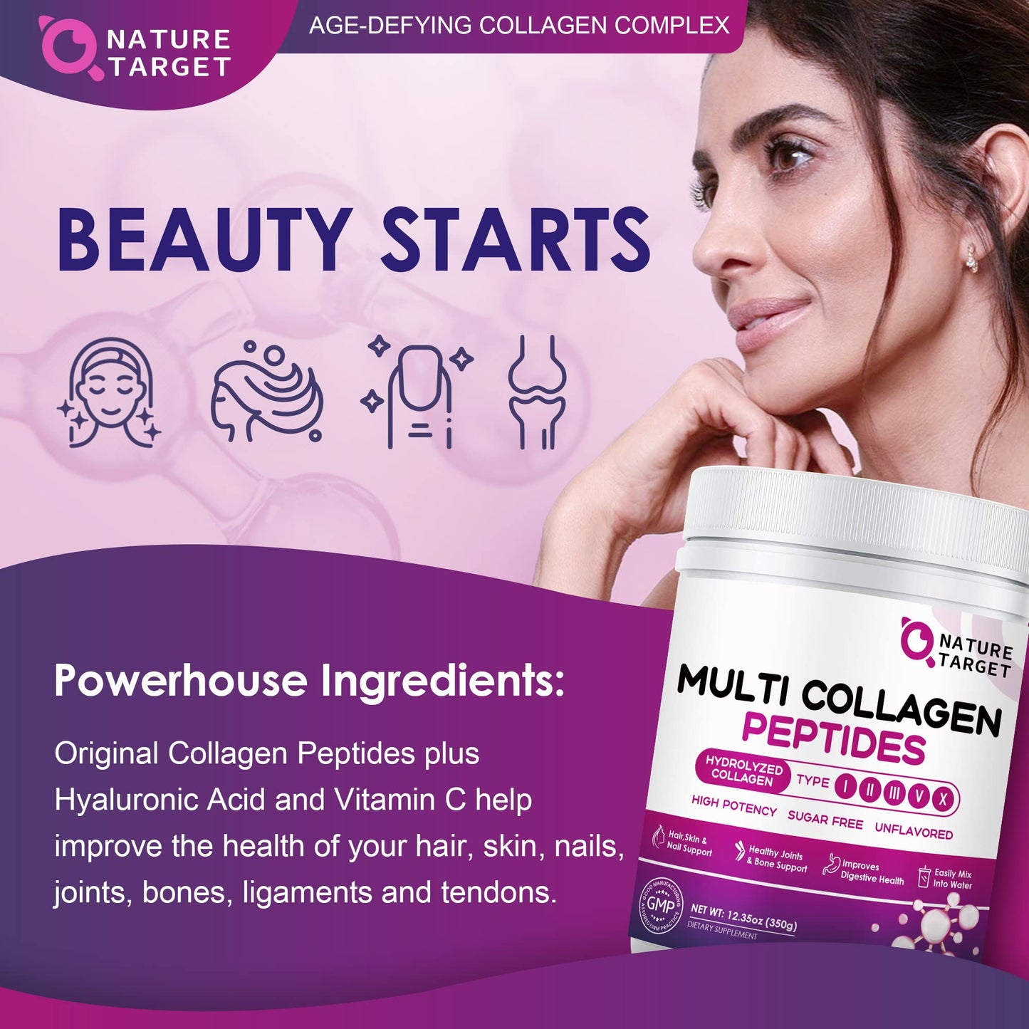 Authentic Nature Target unflavored multi collagen peptides container highlighting grass-fed bovine source.