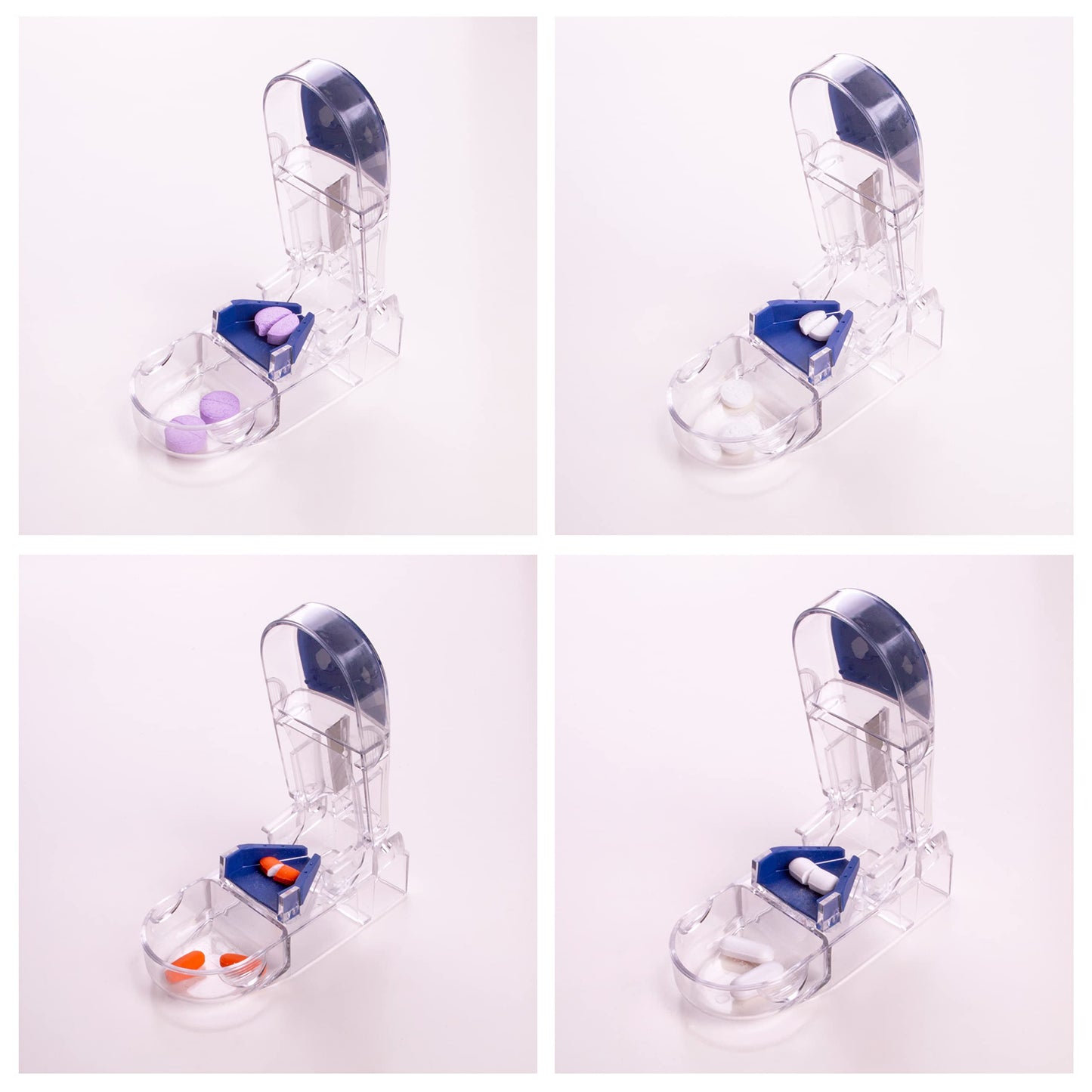 Side profile of the travel friendly clear polycarbonate tablet splitter for daily medication.