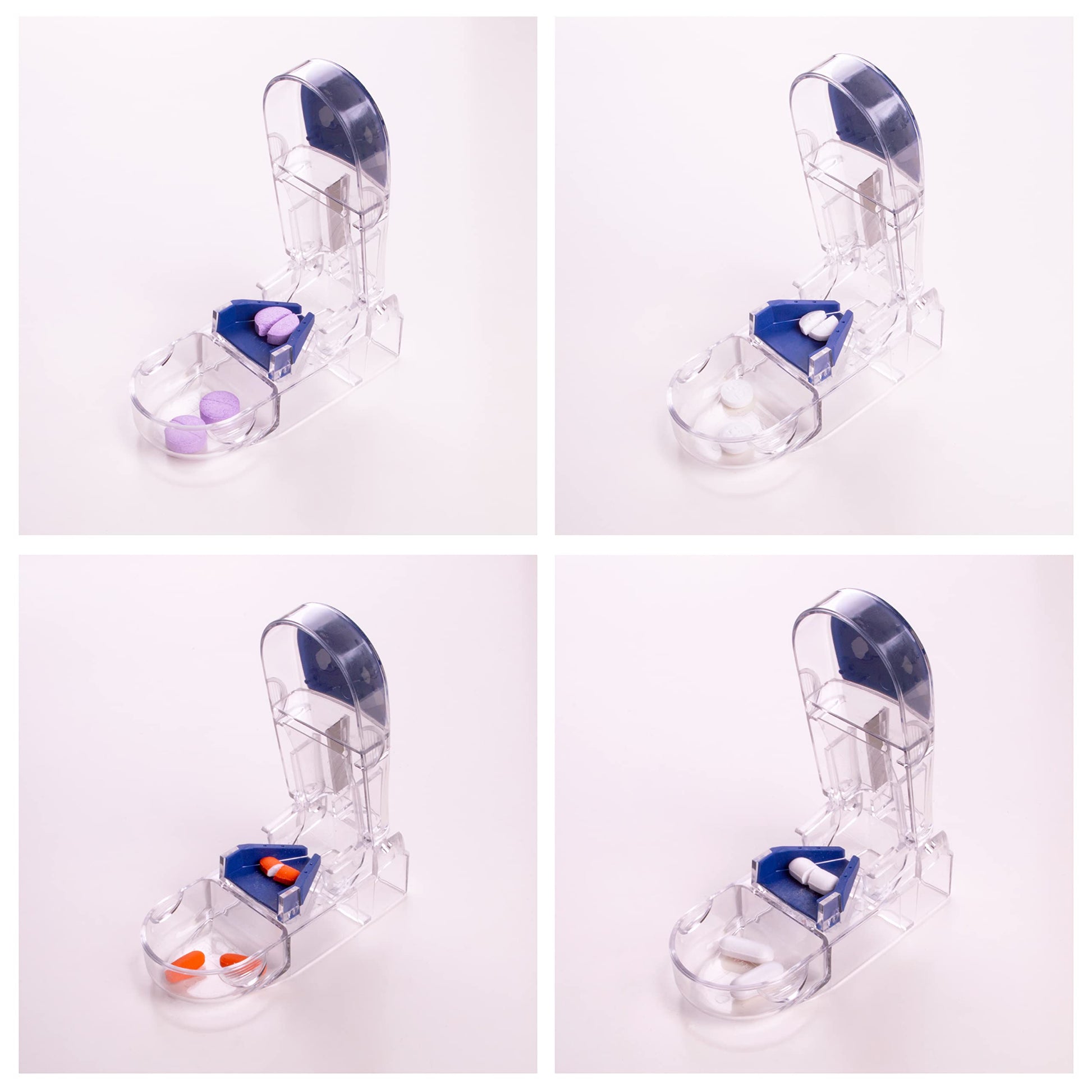 Side profile of the travel friendly clear polycarbonate tablet splitter for daily medication.