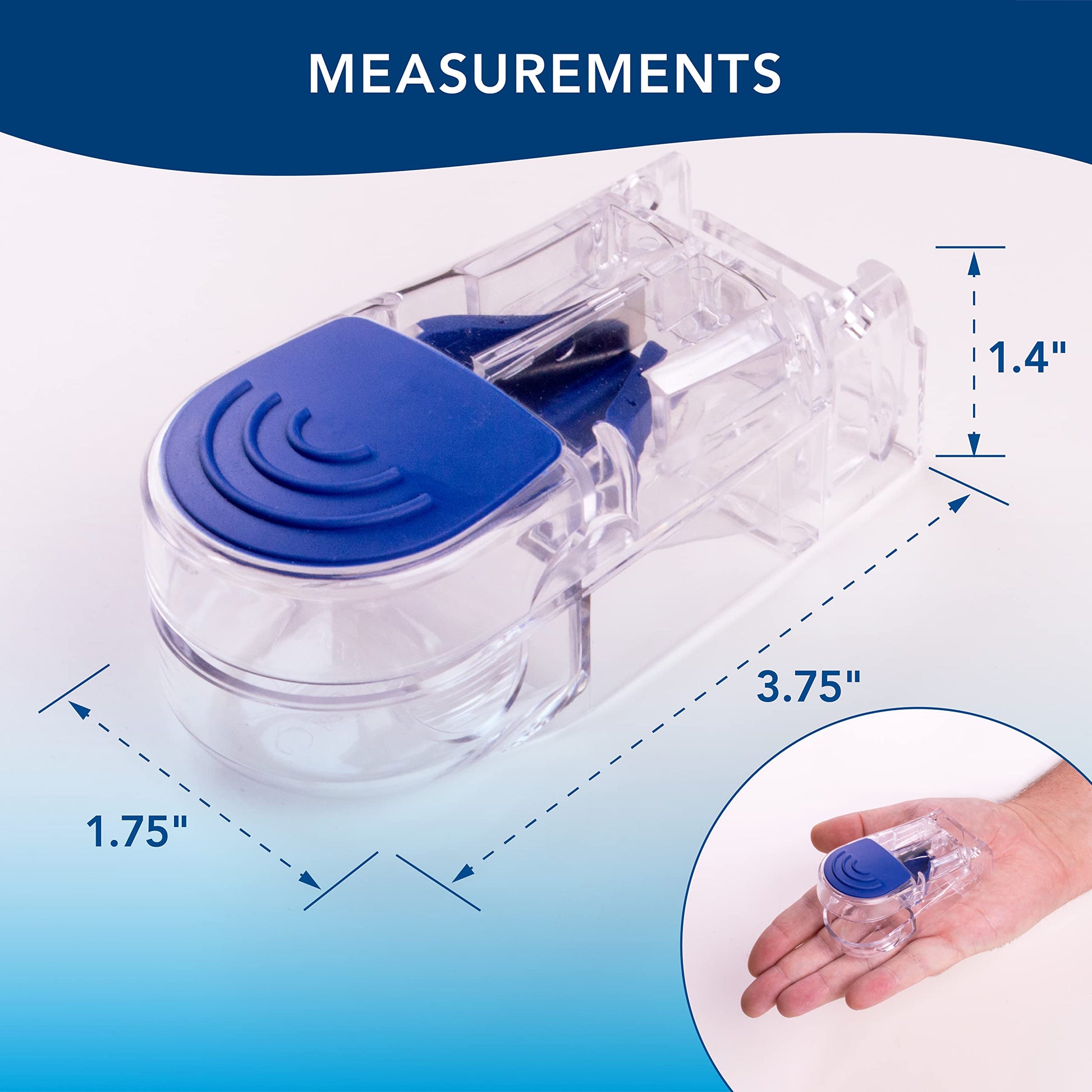Apex health care pill cutting tool demonstrating the secure grip on a large vitamin tablet.