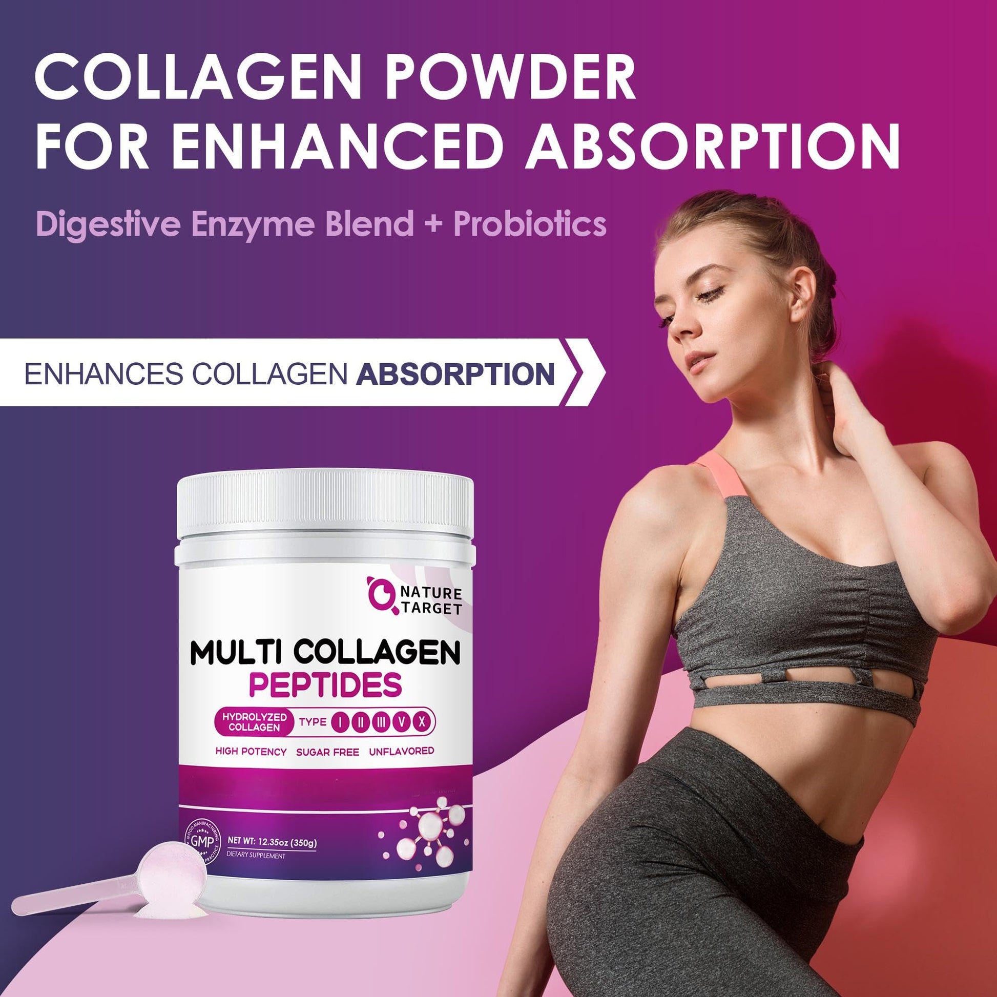 Nature Target full spectrum collagen powder close-up of premium ingredients list and GMP certification.