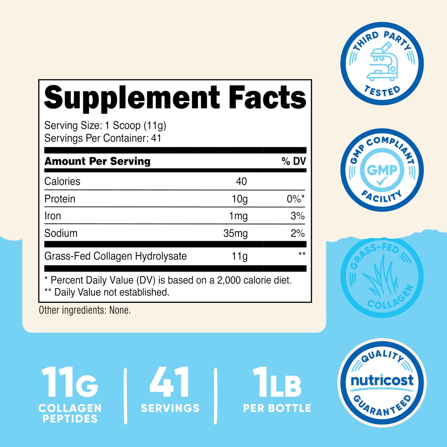 Nutricost Hydrolyzed Collagen Peptides Type 1 and 3 nutrition facts label close up view