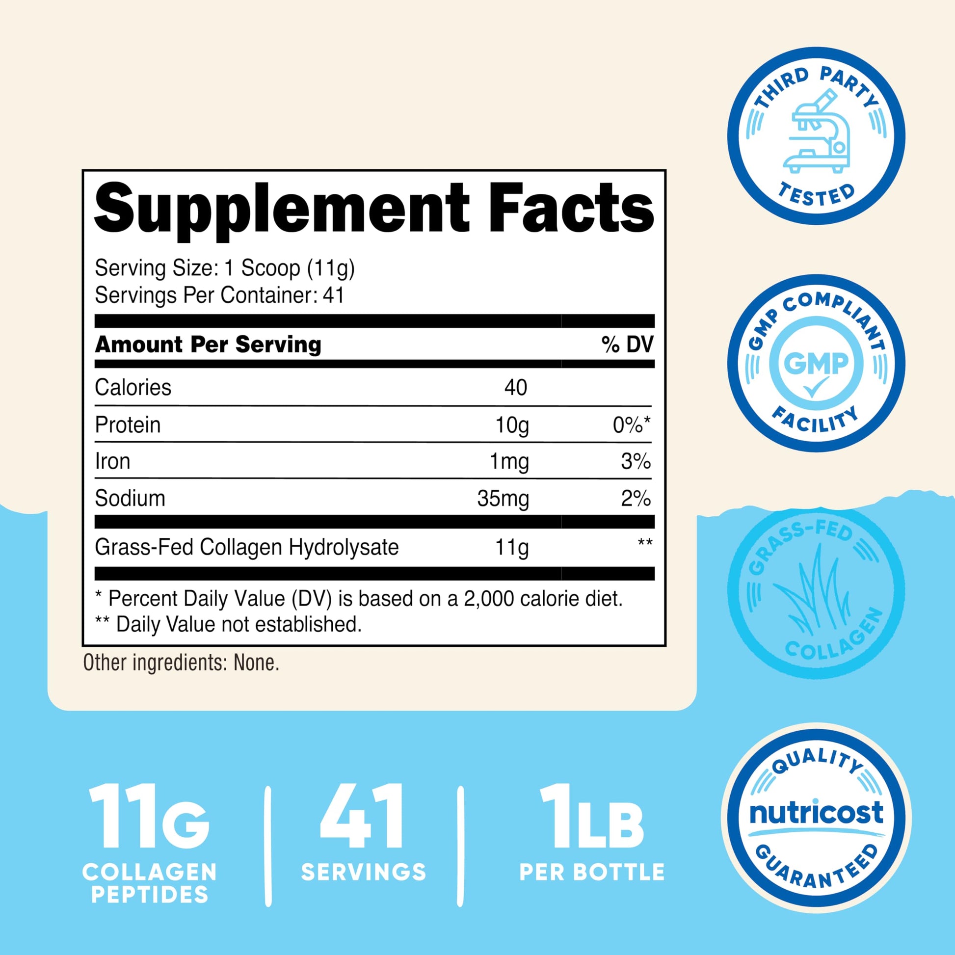 Nutricost Hydrolyzed Collagen Peptides Type 1 and 3 nutrition facts label close up view