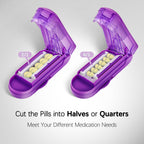 Close up of the ultra sharp stainless steel blade and protective finger guard inside the medication divider.
