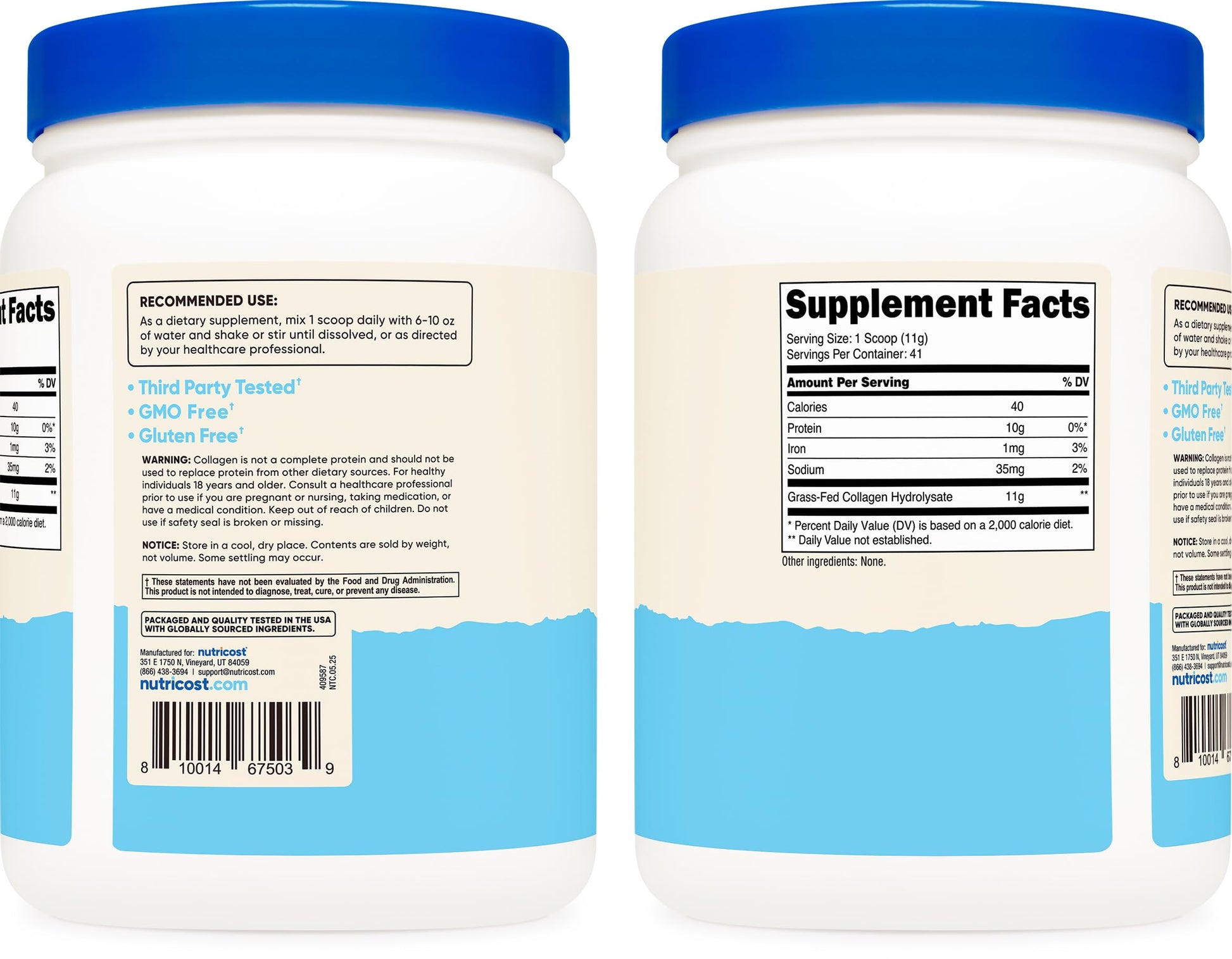Nutricost collagen peptides container showing non GMO and gluten free certification logos
