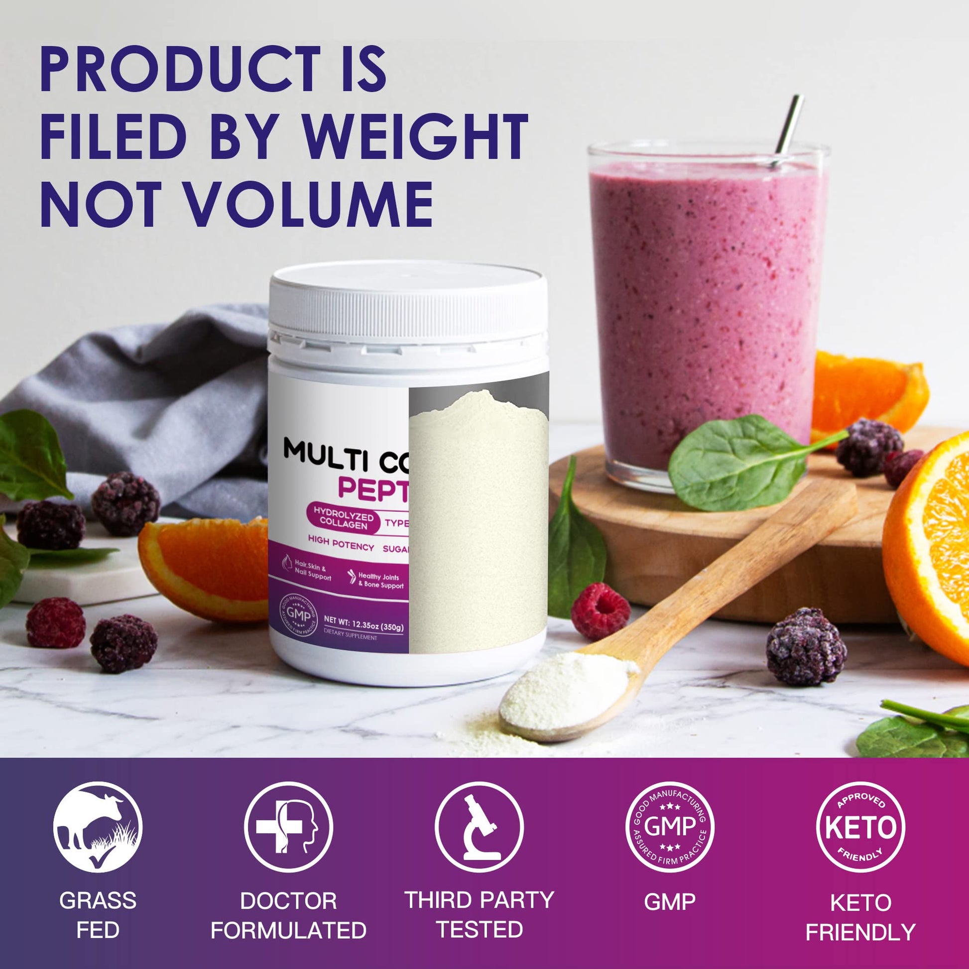 Nature Target Multi Collagen Peptides packaging illustrating the types I II III V and X formulation.