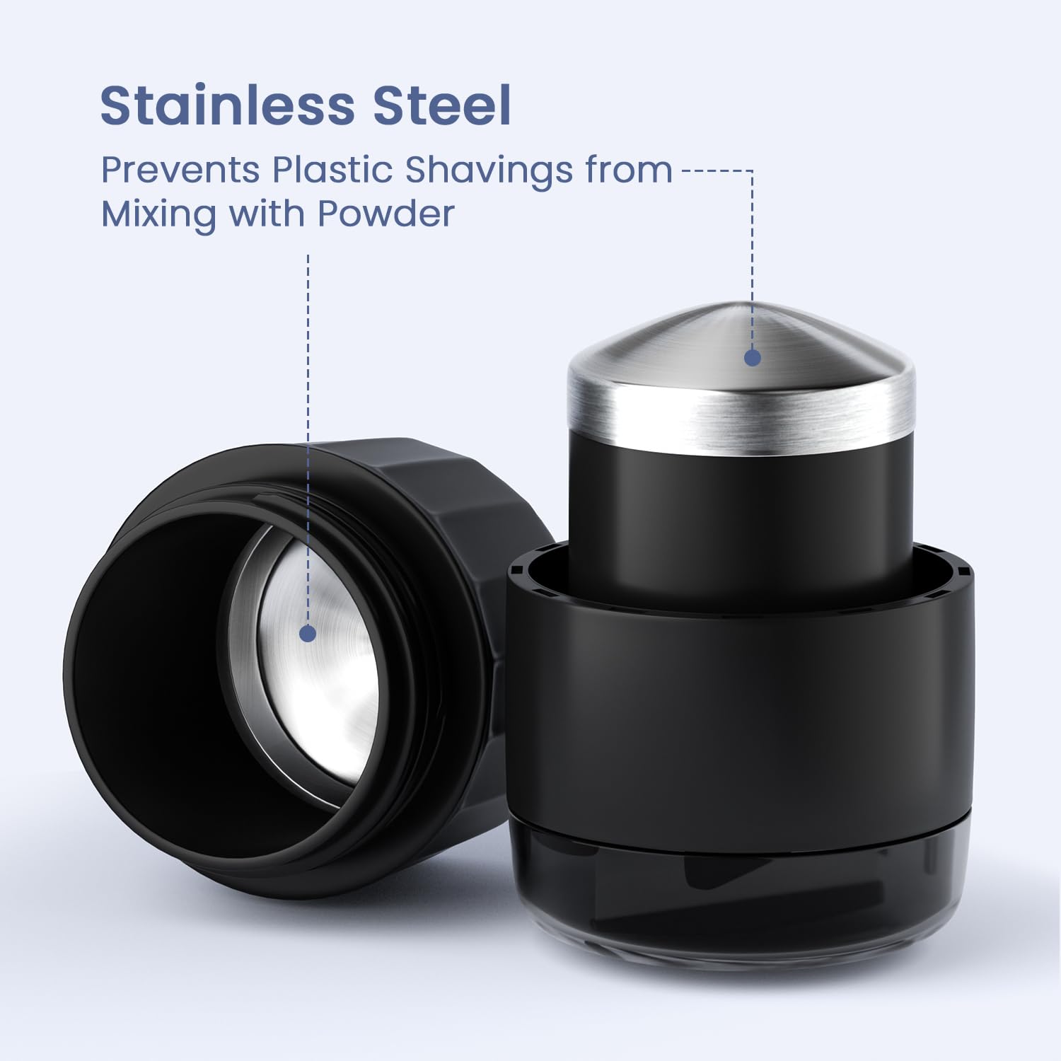 Renmingfed tablet grinder opened showing the premium stainless steel wrapped grinding pestle