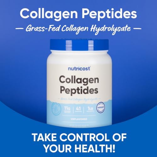 Nutricost grass fed collagen powder container displayed against a clean kitchen counter setting