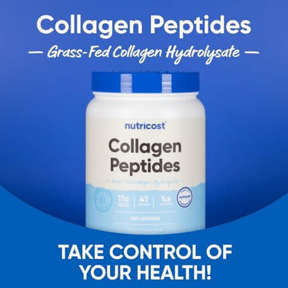 Nutricost grass fed collagen powder container displayed against a clean kitchen counter setting