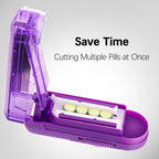 Top angle view showing the sleek violet exterior of the premium plastic medical tablet cutter tool.