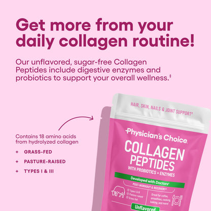 Back label of Physicians Choice Collagen Powder detailing the 18 amino acids and digestive enzymes ingredients.