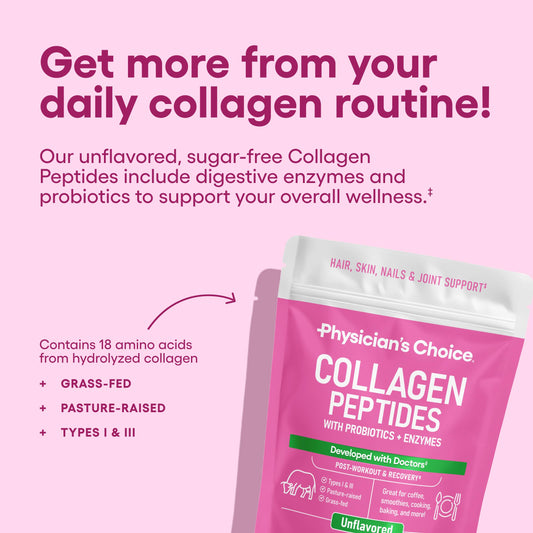 Back label of Physicians Choice Collagen Powder detailing the 18 amino acids and digestive enzymes ingredients.