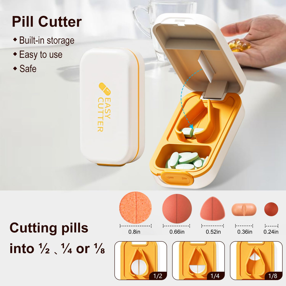 Vilosa pill organizer displaying V shaped holder holding small and large vitamins