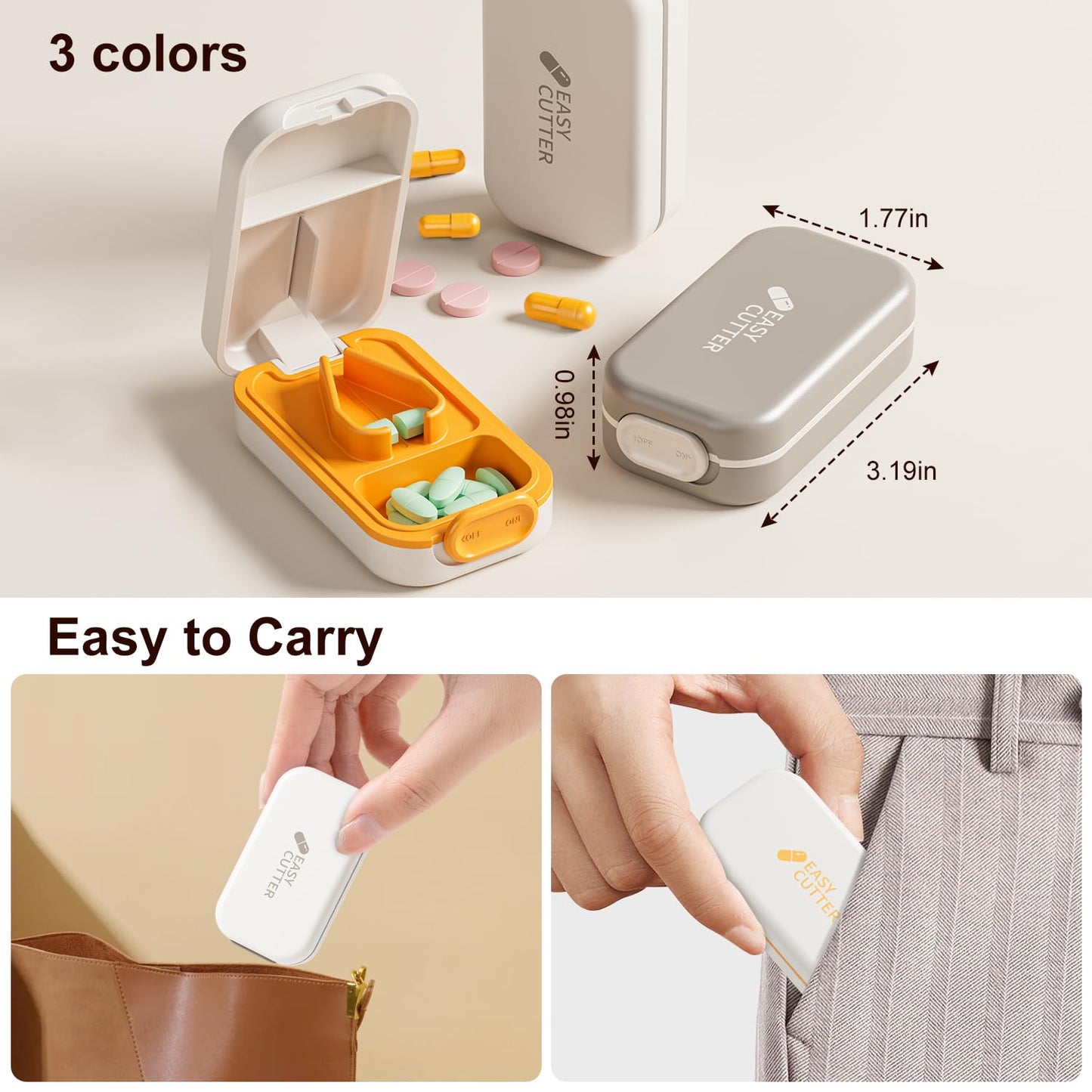 Vilosa medication splitter showing built in storage space for tablets