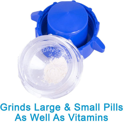 Adium medicine pulverizer with open cap displaying the built in tablet storage area.