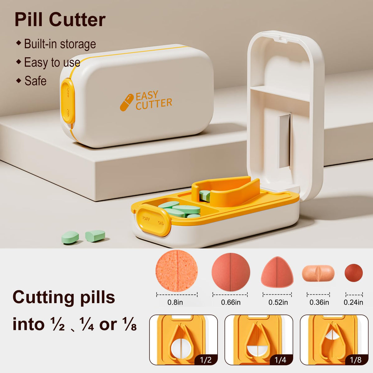 Vilosa portable pill cutter demonstrating clean half and quarter splits