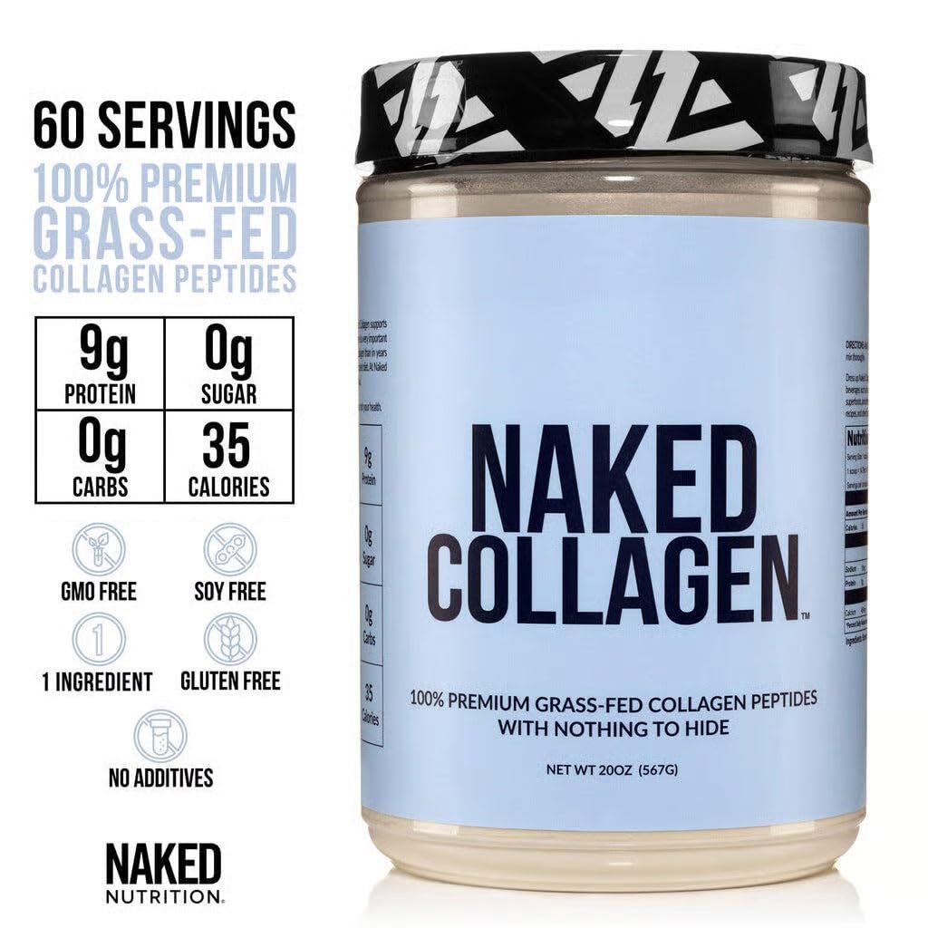 NAKED Collagen Peptides supplement panel showing single ingredient pure hydrolyzed bovine collagen