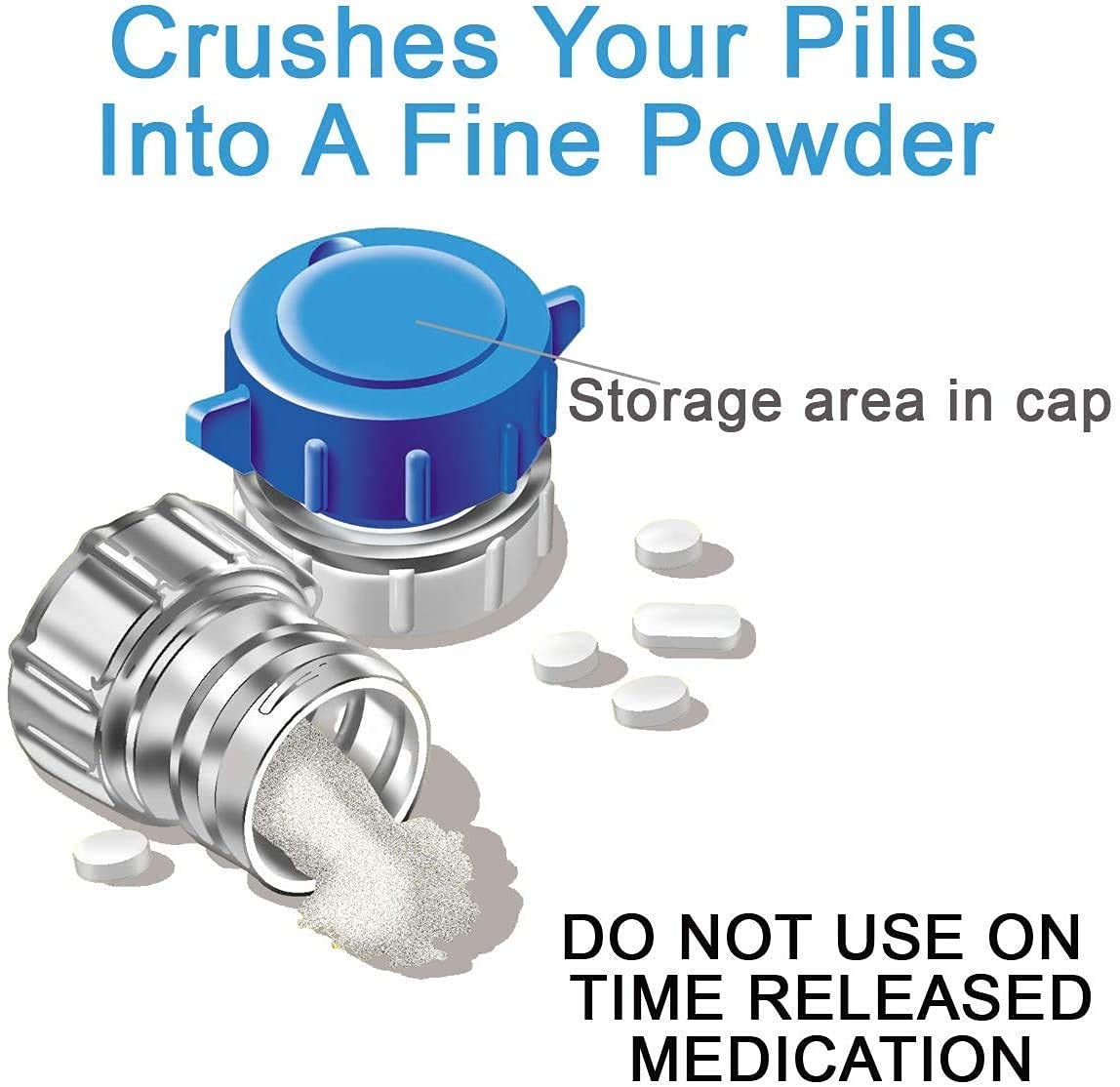 Durable plastic medicine crusher twisting mechanism being used to pulverize vitamins.
