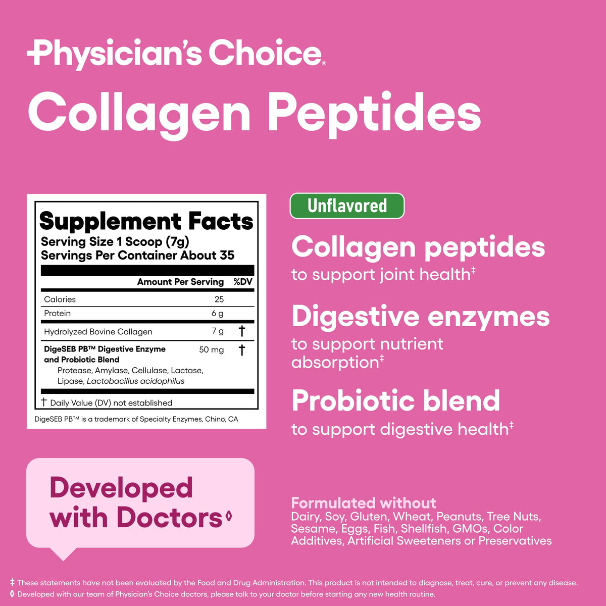 Side view of the 8.67 ounce imported collagen peptides bottle highlighting the DigeSEB absorption feature.
