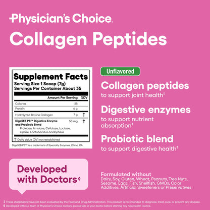 Side view of the 8.67 ounce imported collagen peptides bottle highlighting the DigeSEB absorption feature.