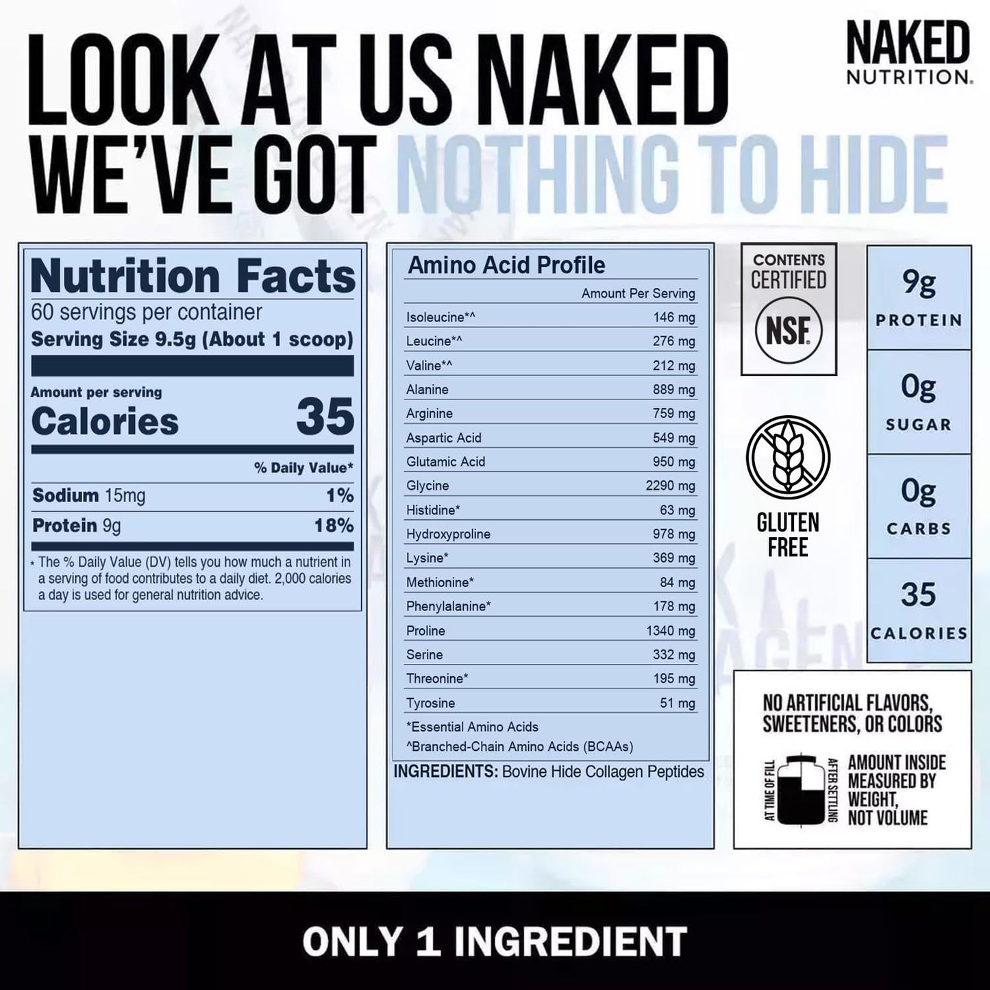 Grass fed and pasture raised certification logos on the back of NAKED collagen packaging