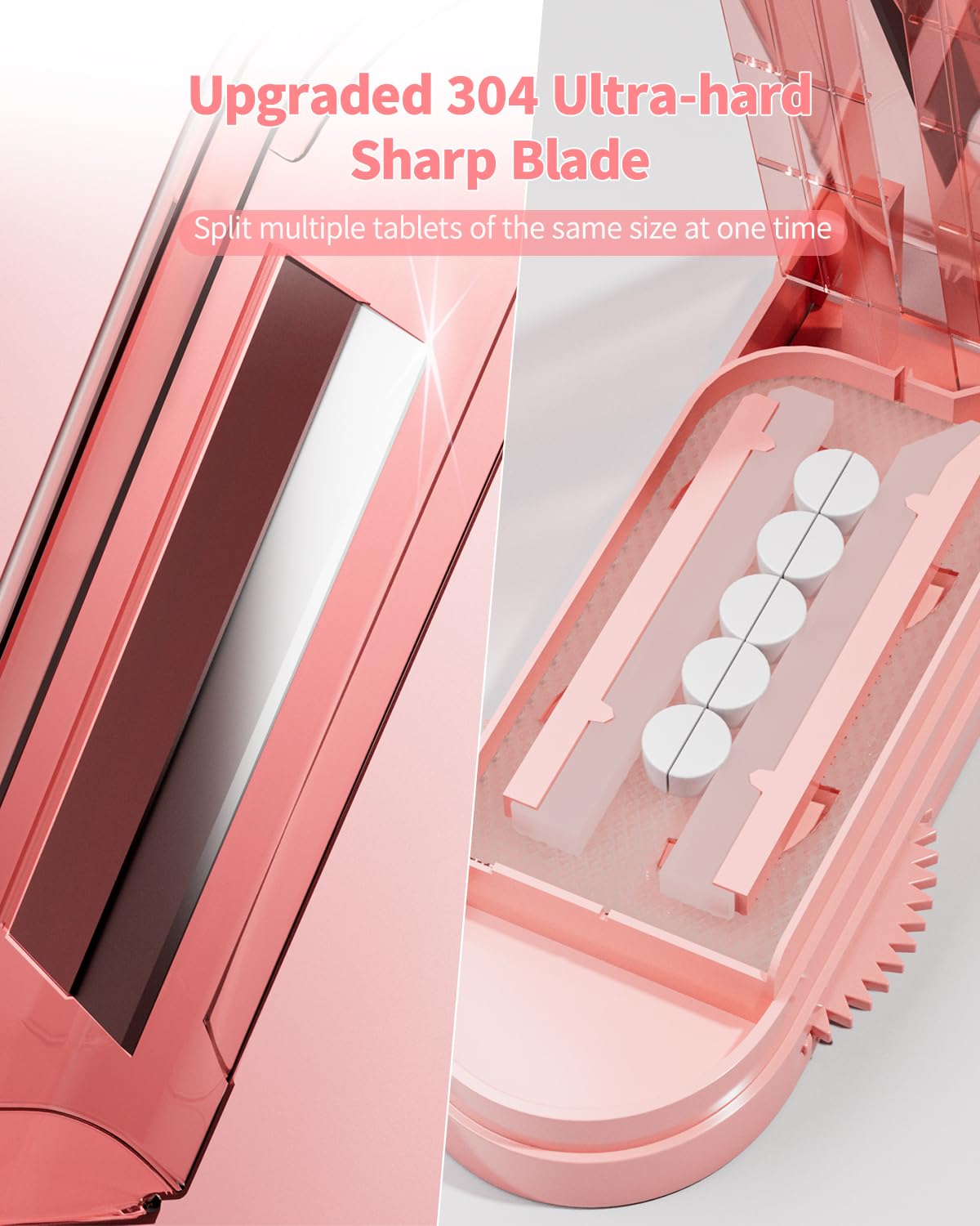 Open view of ONE PIX tablet splitter revealing the hidden sharp blade and safety guard.