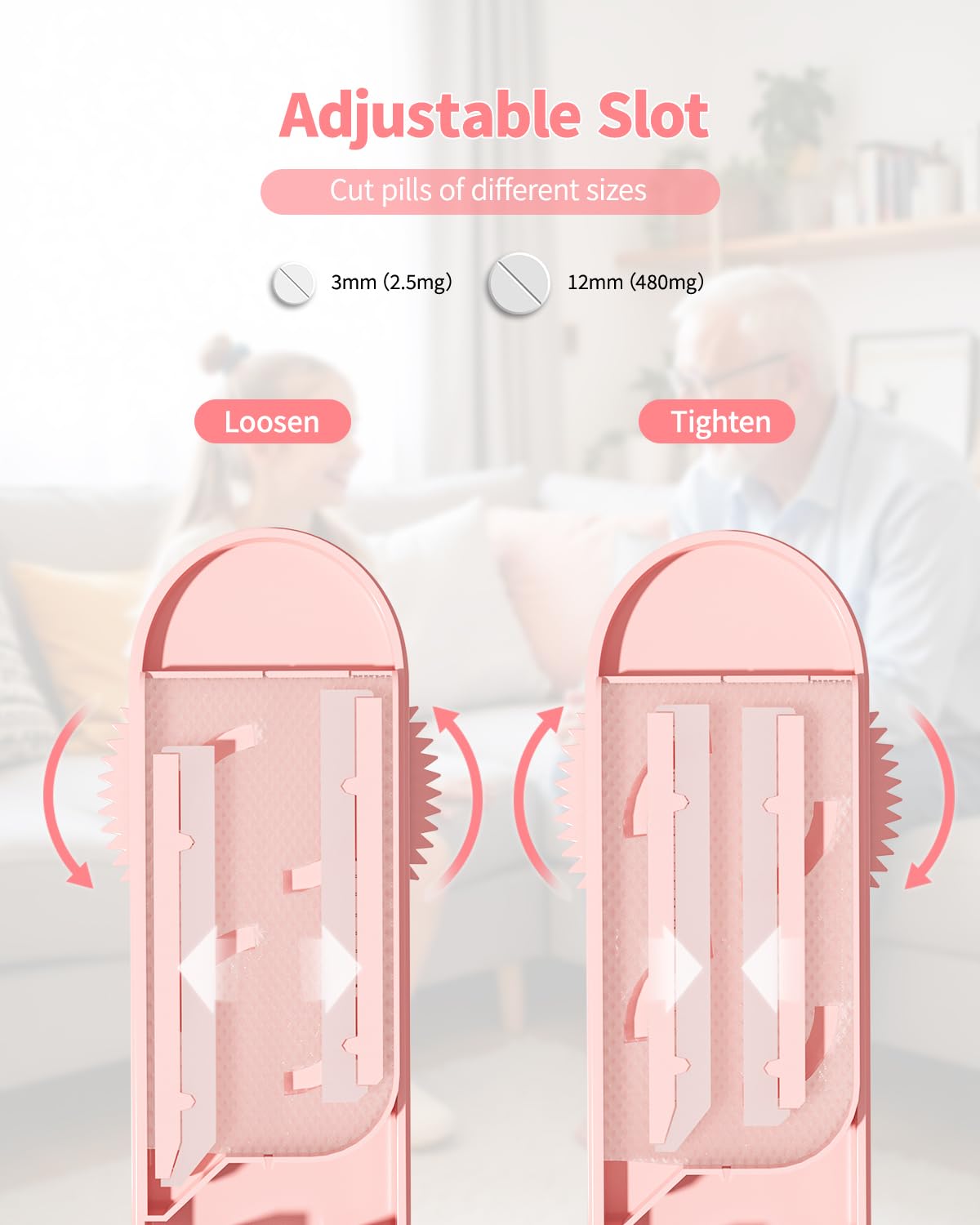 Adjustable silicone bars inside the pink medicine cutter gripping tiny pills.