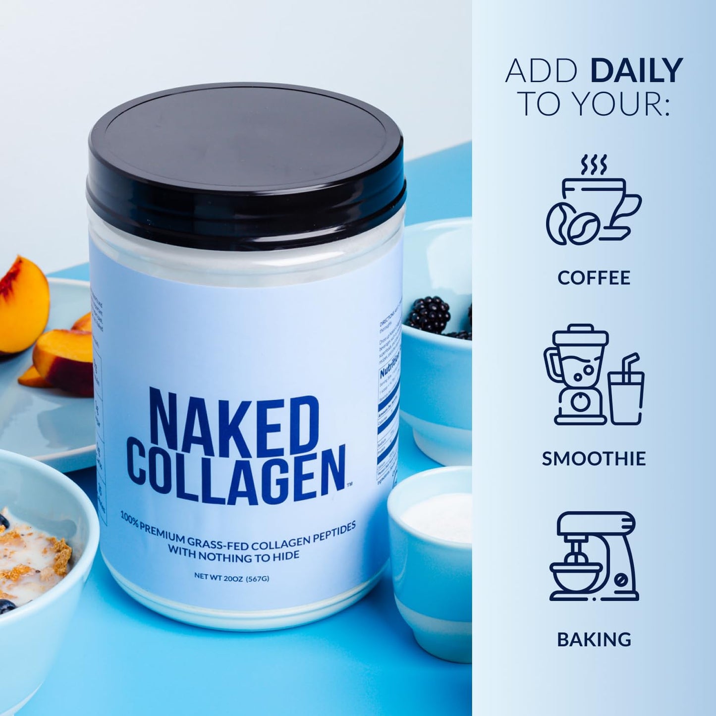 NAKED Nutrition grass fed bovine collagen powder next to a fresh fruit wellness smoothie