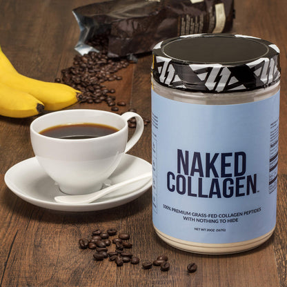 Authentic imported NAKED Collagen container demonstrating its fine texture and easy mixing consistency