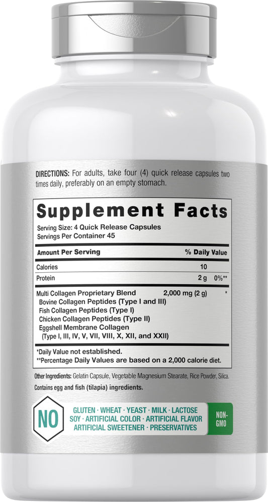 Horbäach Multi Collagen 2000 mg supplement label showing types I, II, III, V, and X.