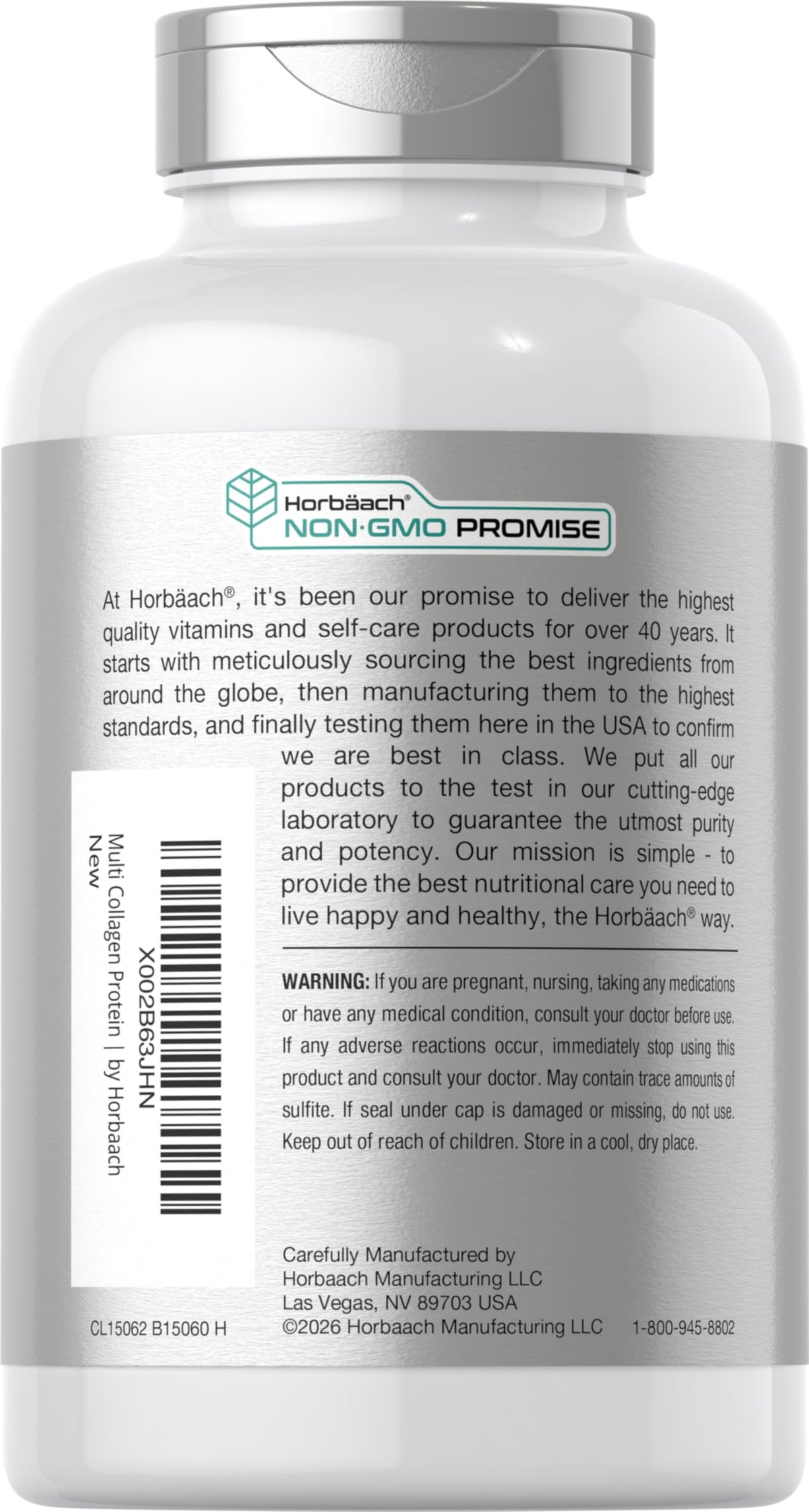 Hydrolyzed collagen protein capsules by Horbäach highlighting non-GMO and gluten-free seals.