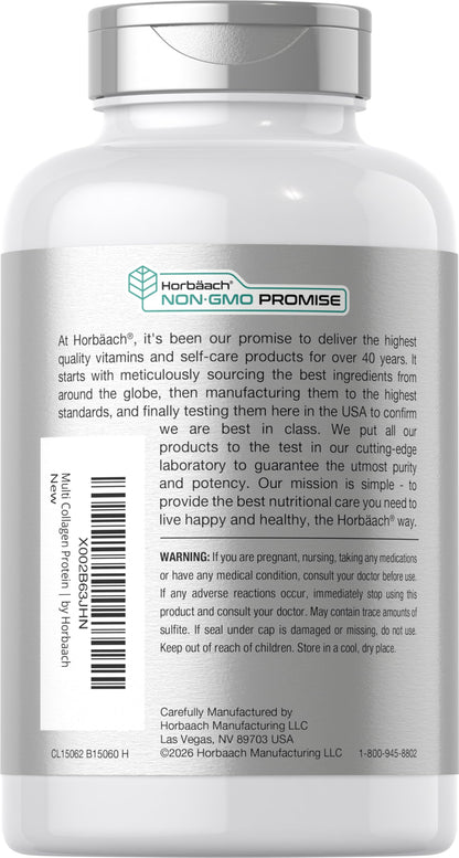 Hydrolyzed collagen protein capsules by Horbäach highlighting non-GMO and gluten-free seals.